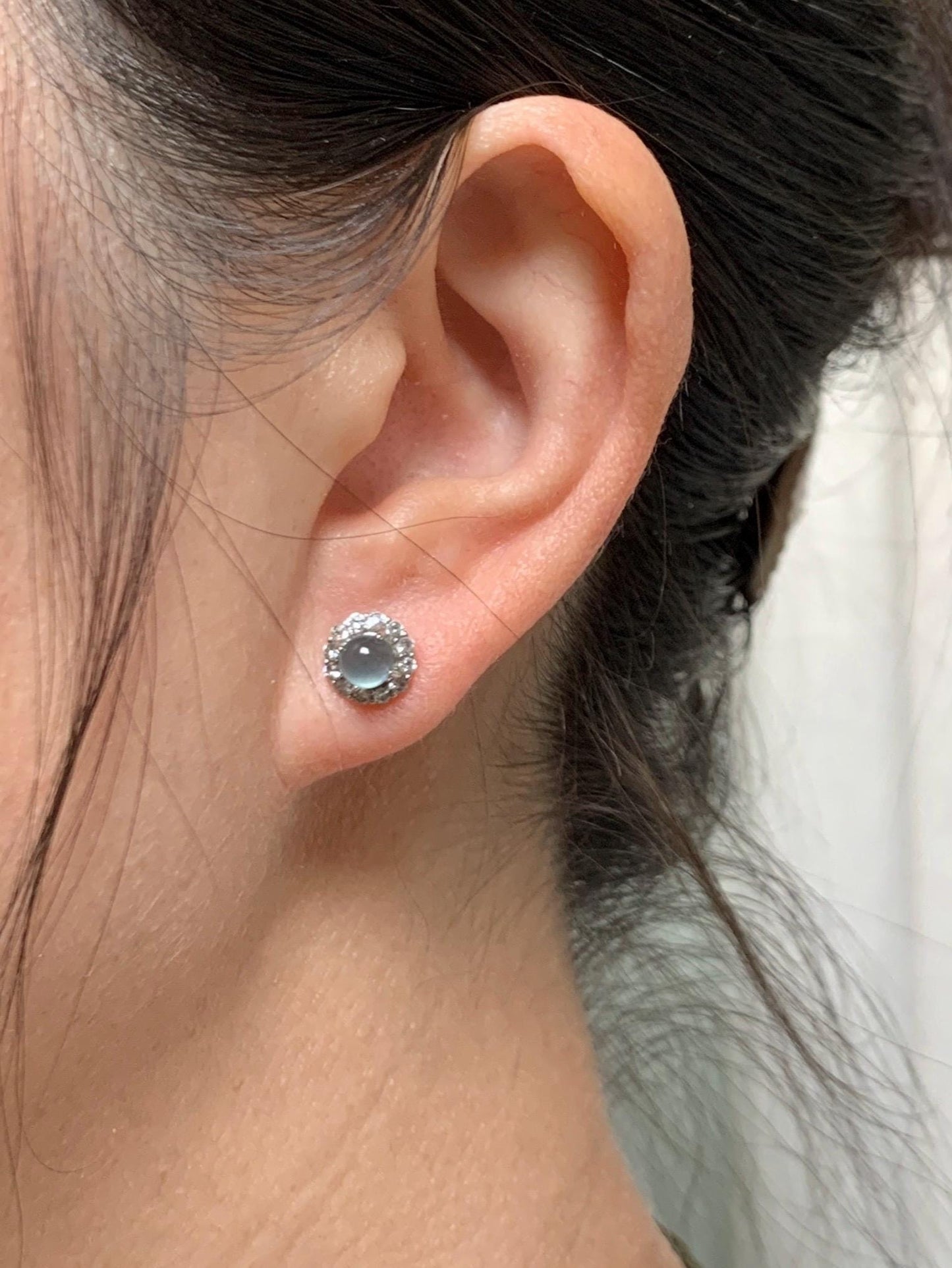 Natural grade A Guatemalan Icy Highly Translucent Light Teal Blue Jade Jadeite Halo Style Stud Earrings Sterling Silver 天然冰危蓝翡翠银镶耳钉 XLE66