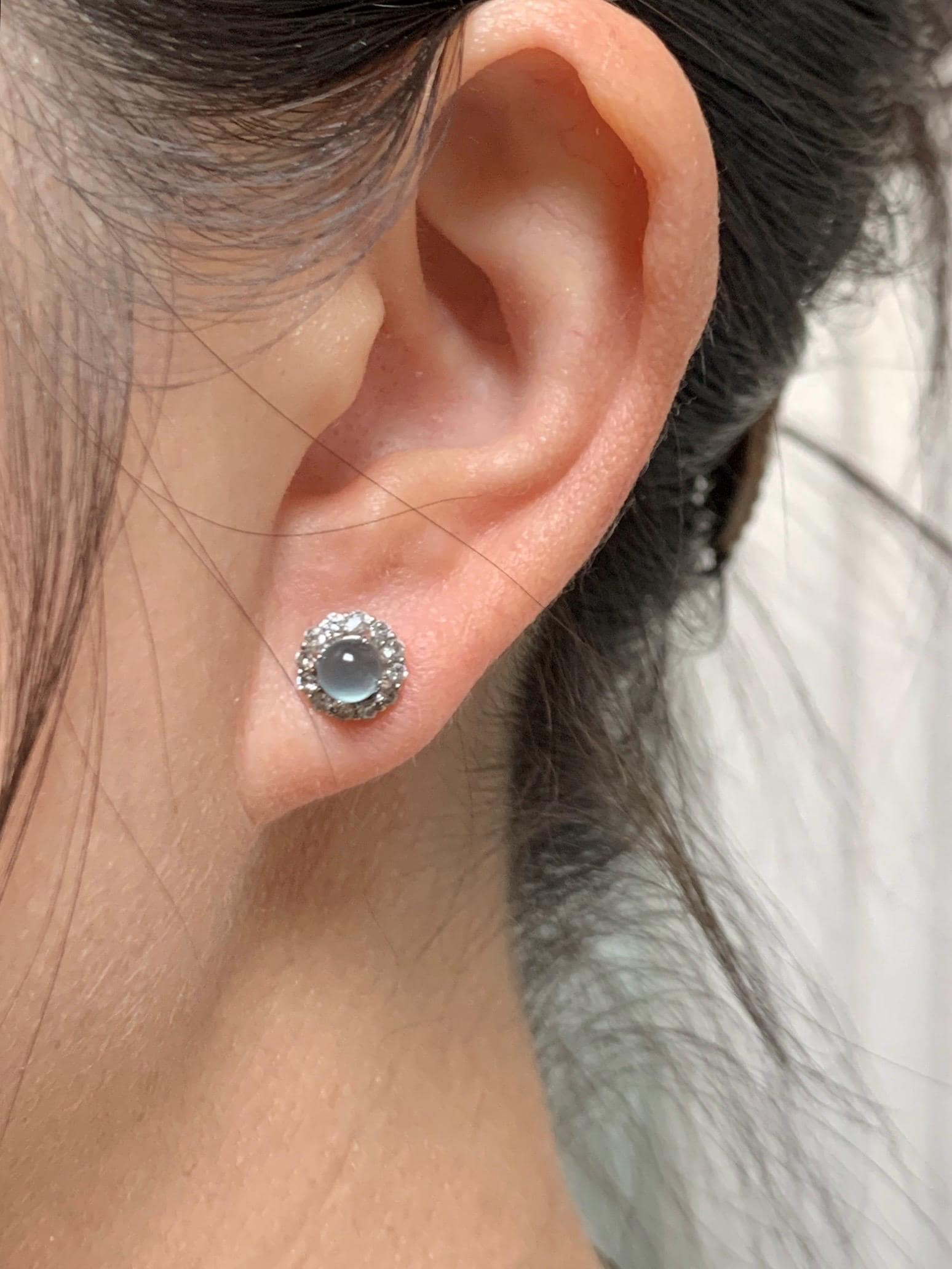 Natural grade A Guatemalan Icy Highly Translucent Light Teal Blue Jade Jadeite Halo Style Stud Earrings Sterling Silver 天然冰危蓝翡翠银镶耳钉 XLE66
