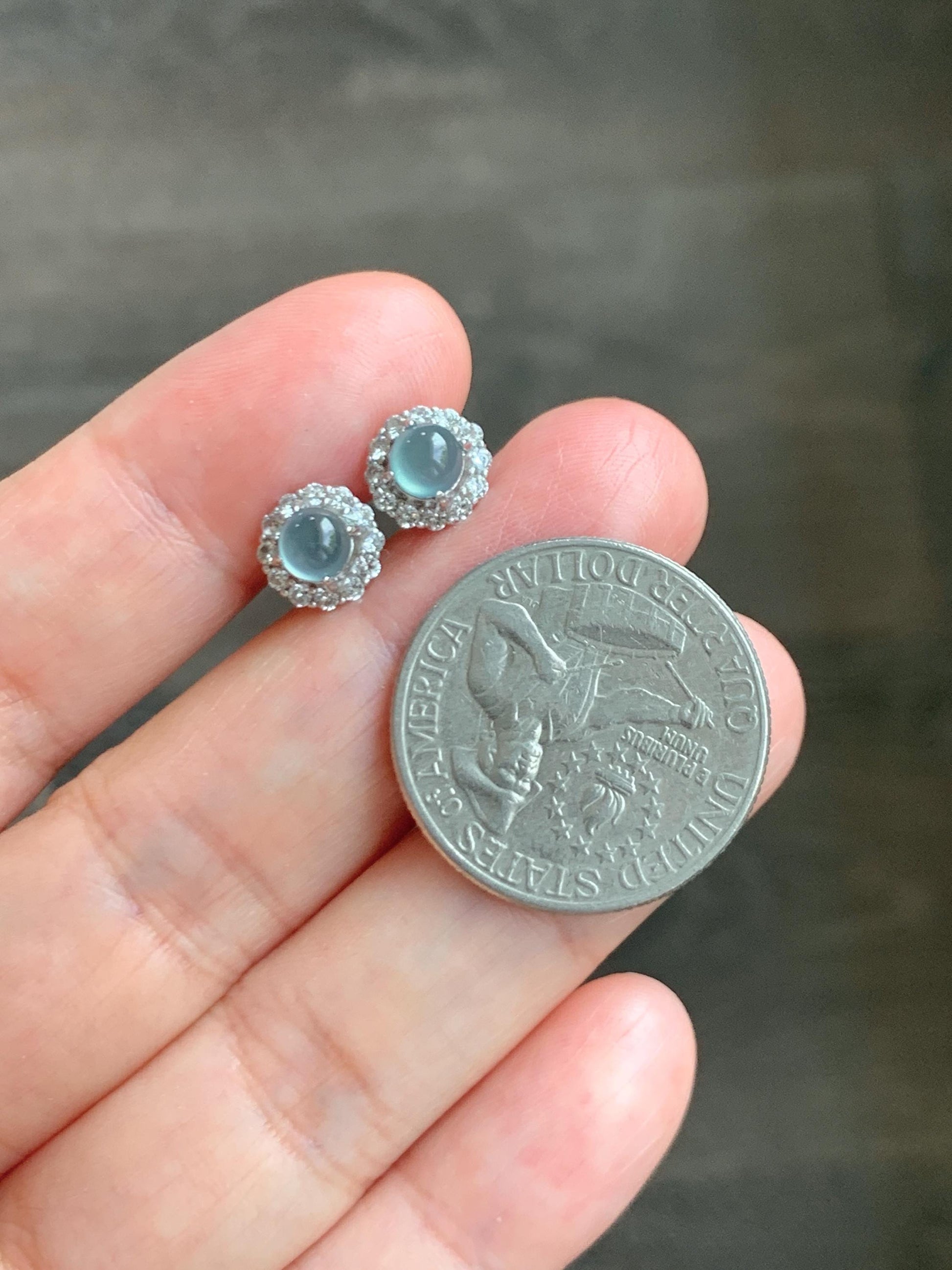 Natural grade A Guatemalan Icy Highly Translucent Light Teal Blue Jade Jadeite Halo Style Stud Earrings Sterling Silver 天然冰危蓝翡翠银镶耳钉 XLE66