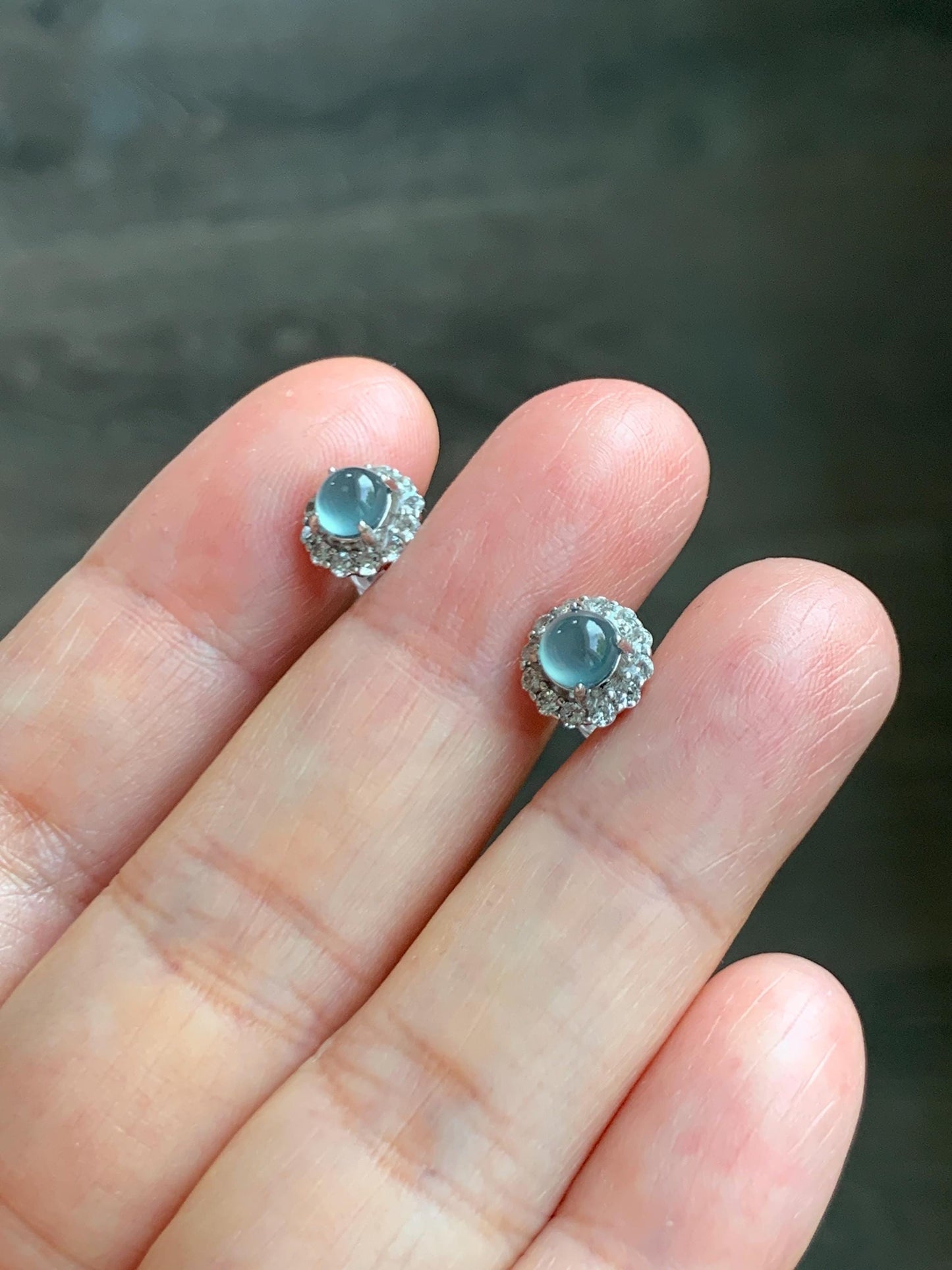 Natural grade A Guatemalan Icy Highly Translucent Light Teal Blue Jade Jadeite Halo Style Stud Earrings Sterling Silver 天然冰危蓝翡翠银镶耳钉 XLE66