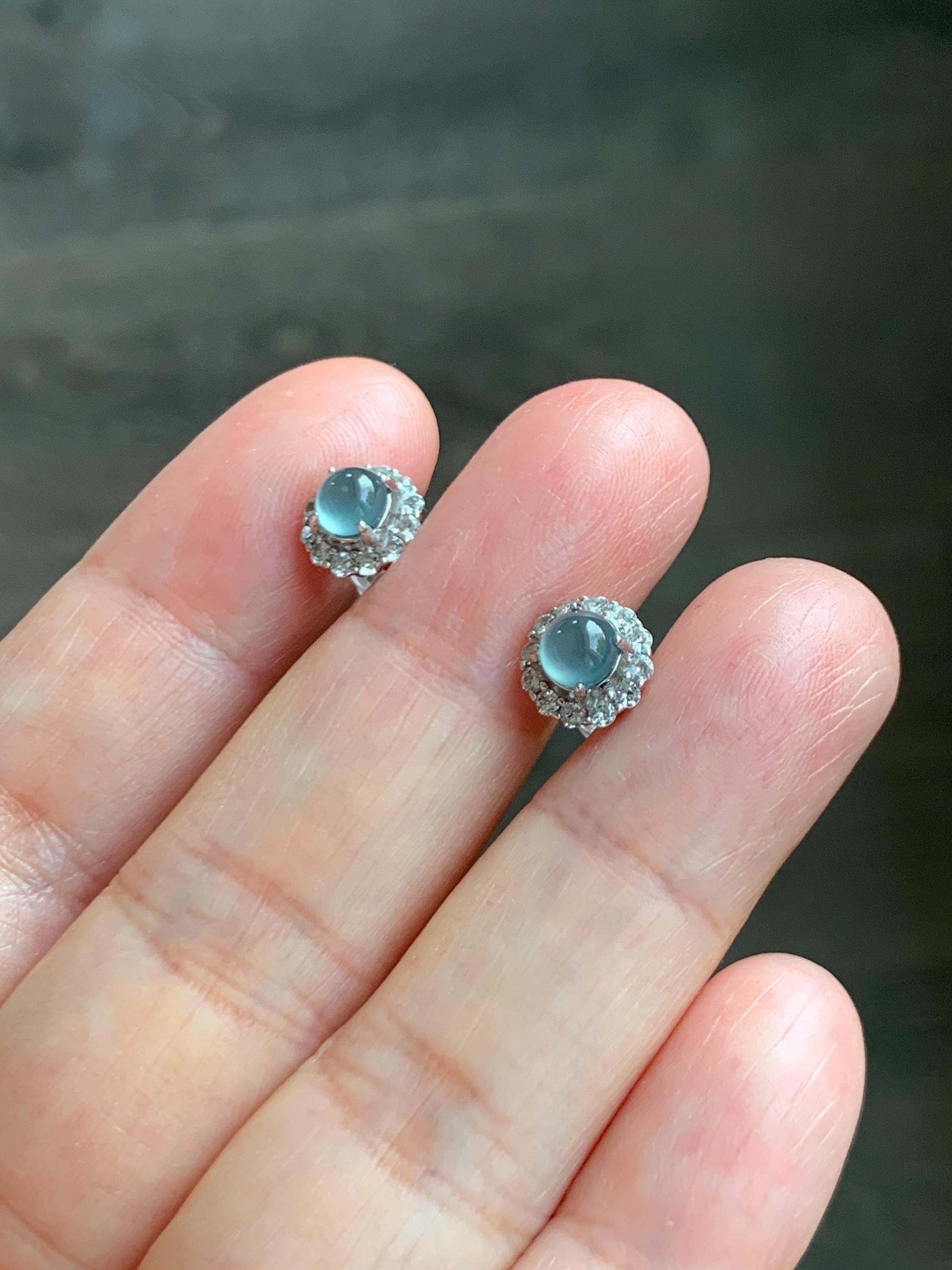 Natural grade A Guatemalan Icy Highly Translucent Light Teal Blue Jade Jadeite Halo Style Stud Earrings Sterling Silver 天然冰危蓝翡翠银镶耳钉 XLE66