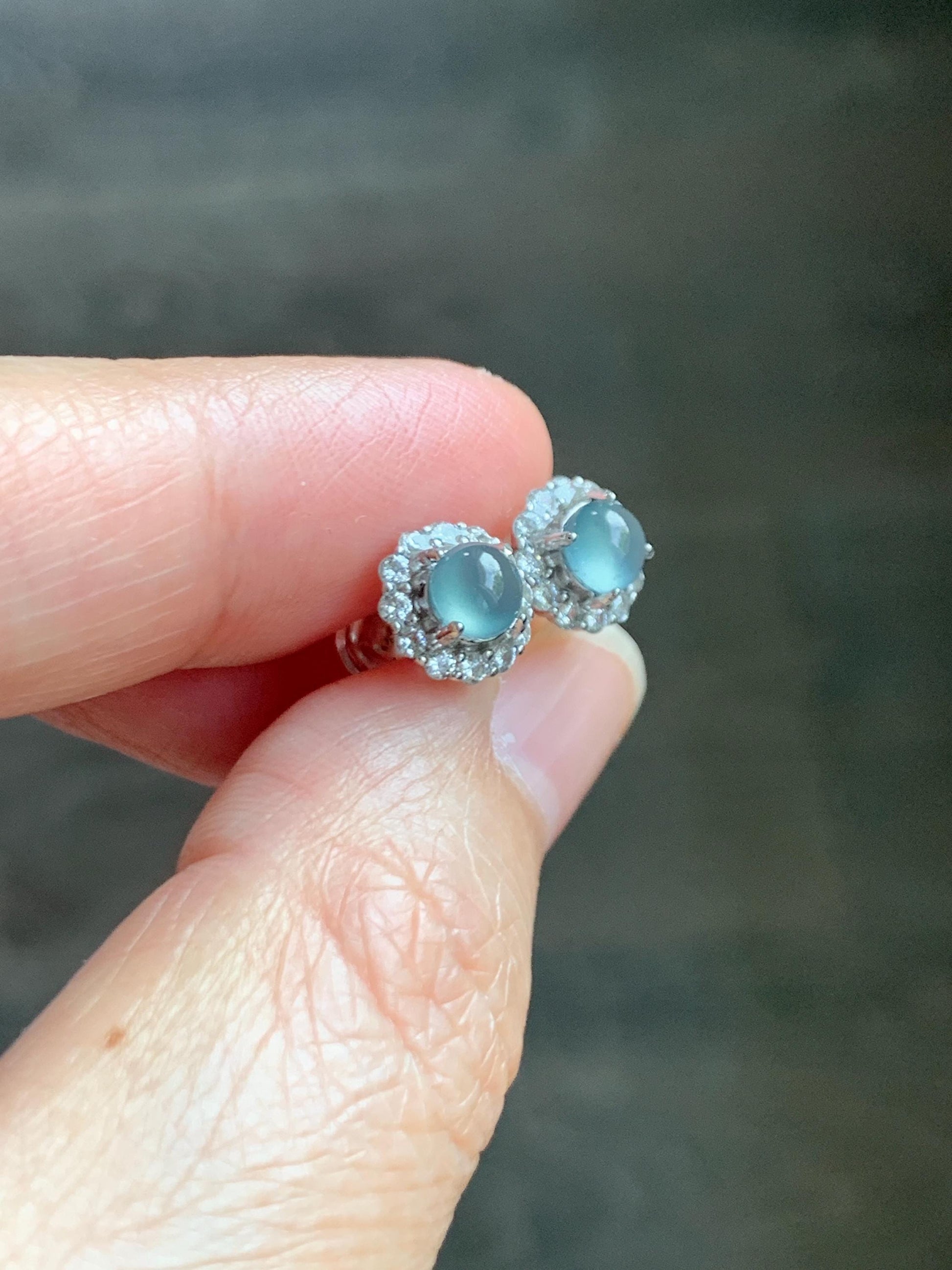 Natural grade A Guatemalan Icy Highly Translucent Light Teal Blue Jade Jadeite Halo Style Stud Earrings Sterling Silver 天然冰危蓝翡翠银镶耳钉 XLE66