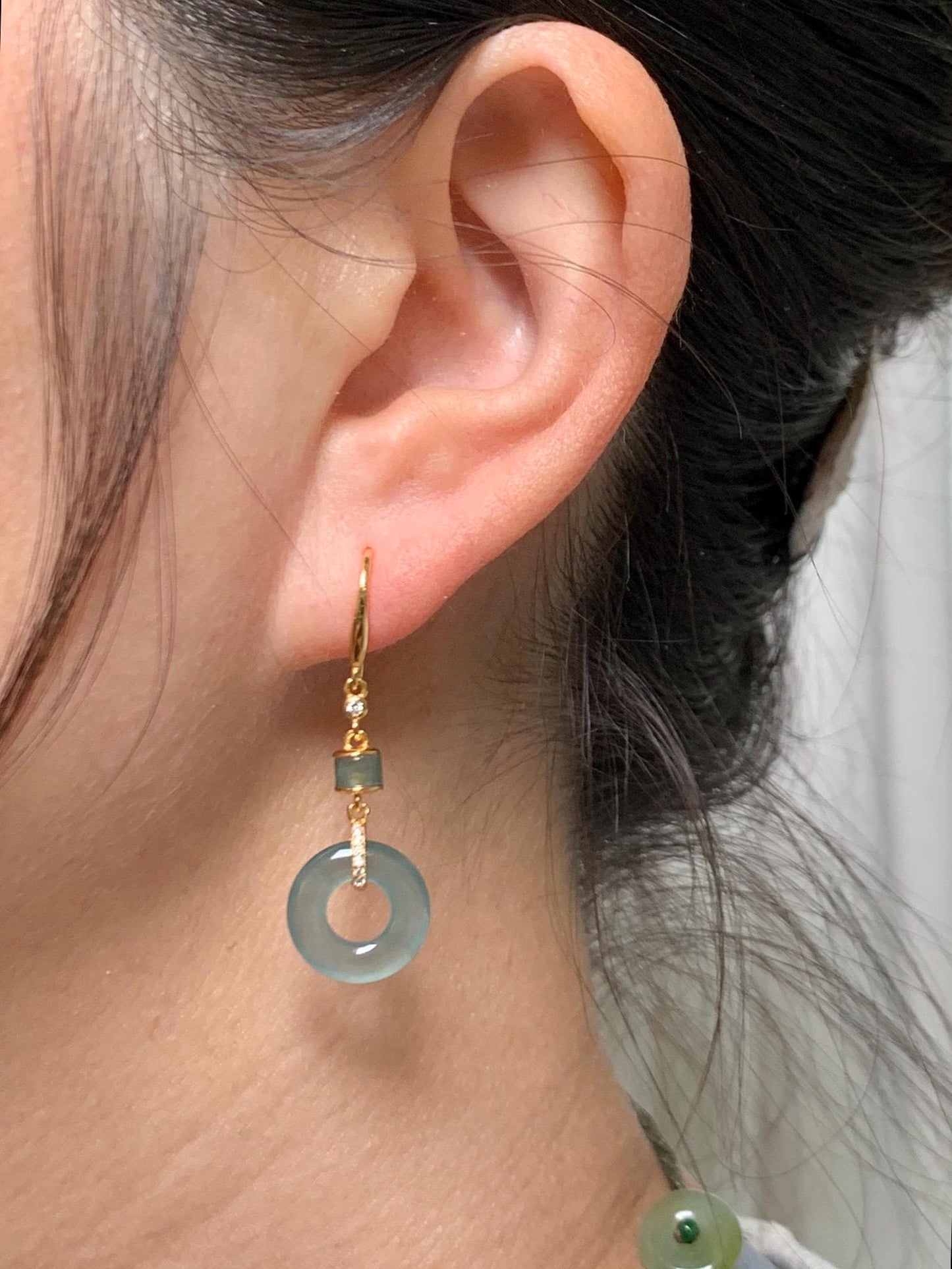 Natural Grade A Guatemalan Icy Highly Translucent Teal Green Jade Jadeite Ping An Kou Donut Earrings Sterling Silver 天然冰危浅蓝绿翡翠平安扣耳钩 PAD220A