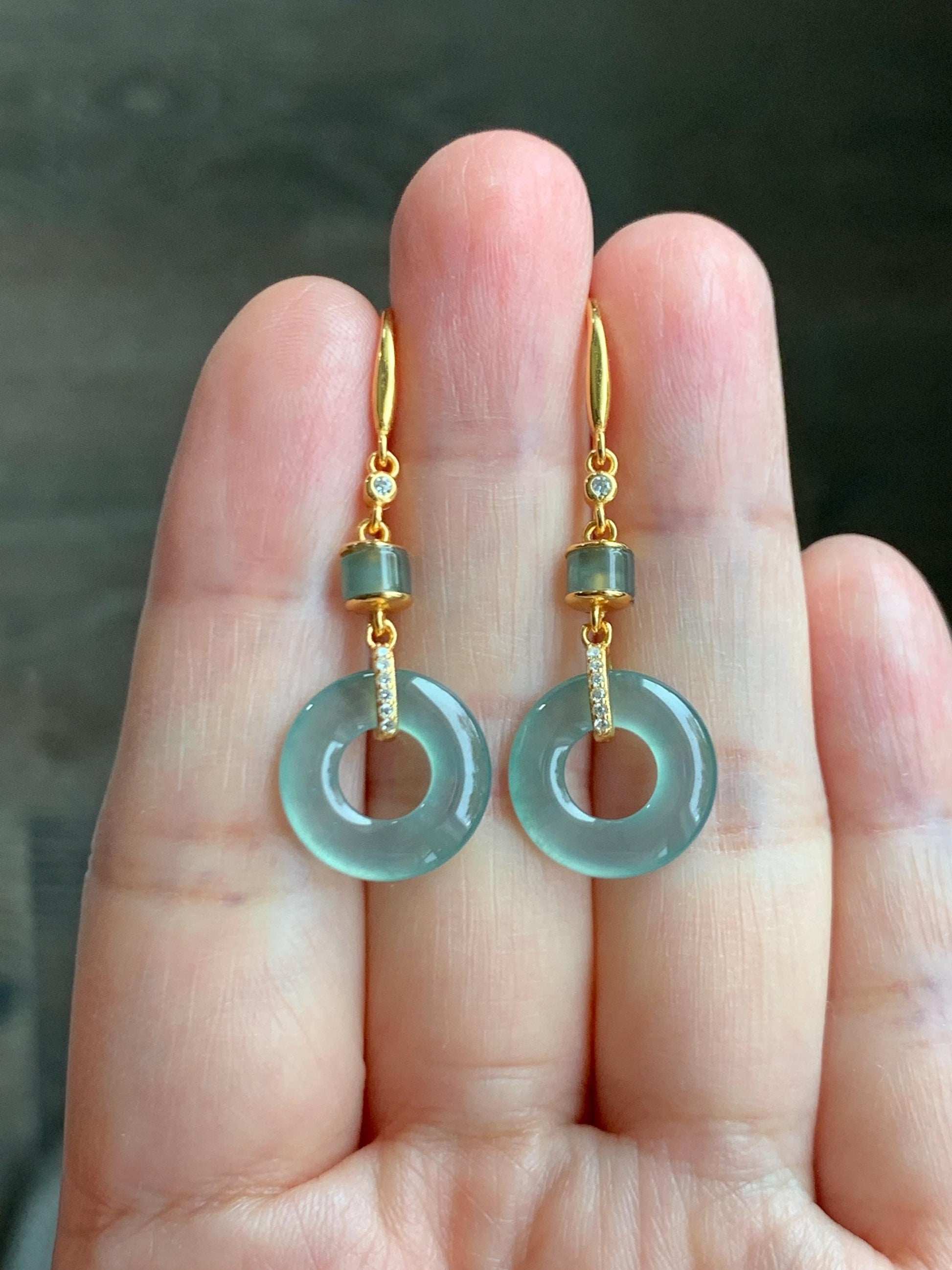 Natural Grade A Guatemalan Icy Highly Translucent Teal Green Jade Jadeite Ping An Kou Donut Earrings Sterling Silver 天然冰危浅蓝绿翡翠平安扣耳钩 PAD220A