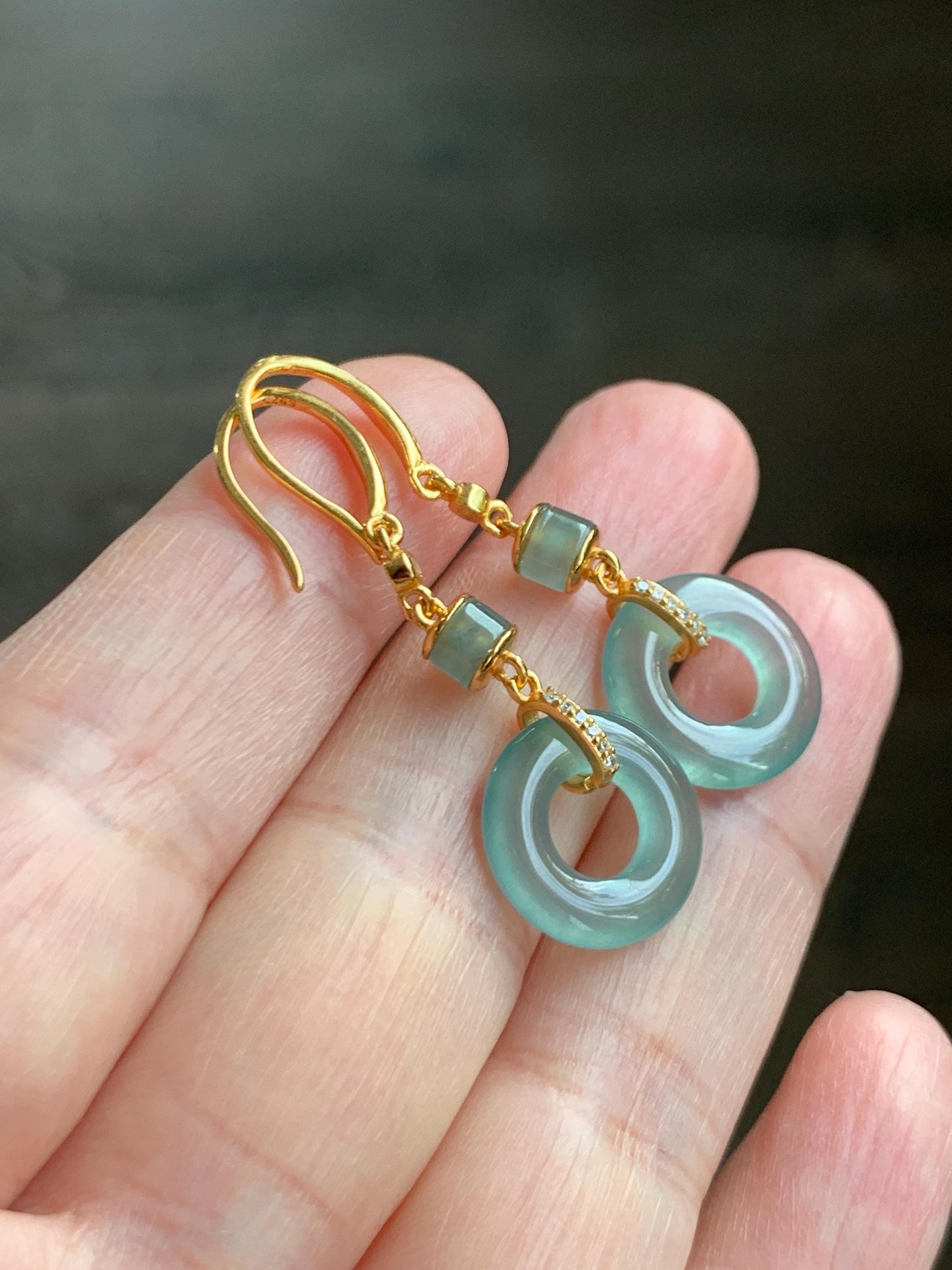 Natural Grade A Guatemalan Icy Highly Translucent Teal Green Jade Jadeite Ping An Kou Donut Earrings Sterling Silver 天然冰危浅蓝绿翡翠平安扣耳钩 PAD220A