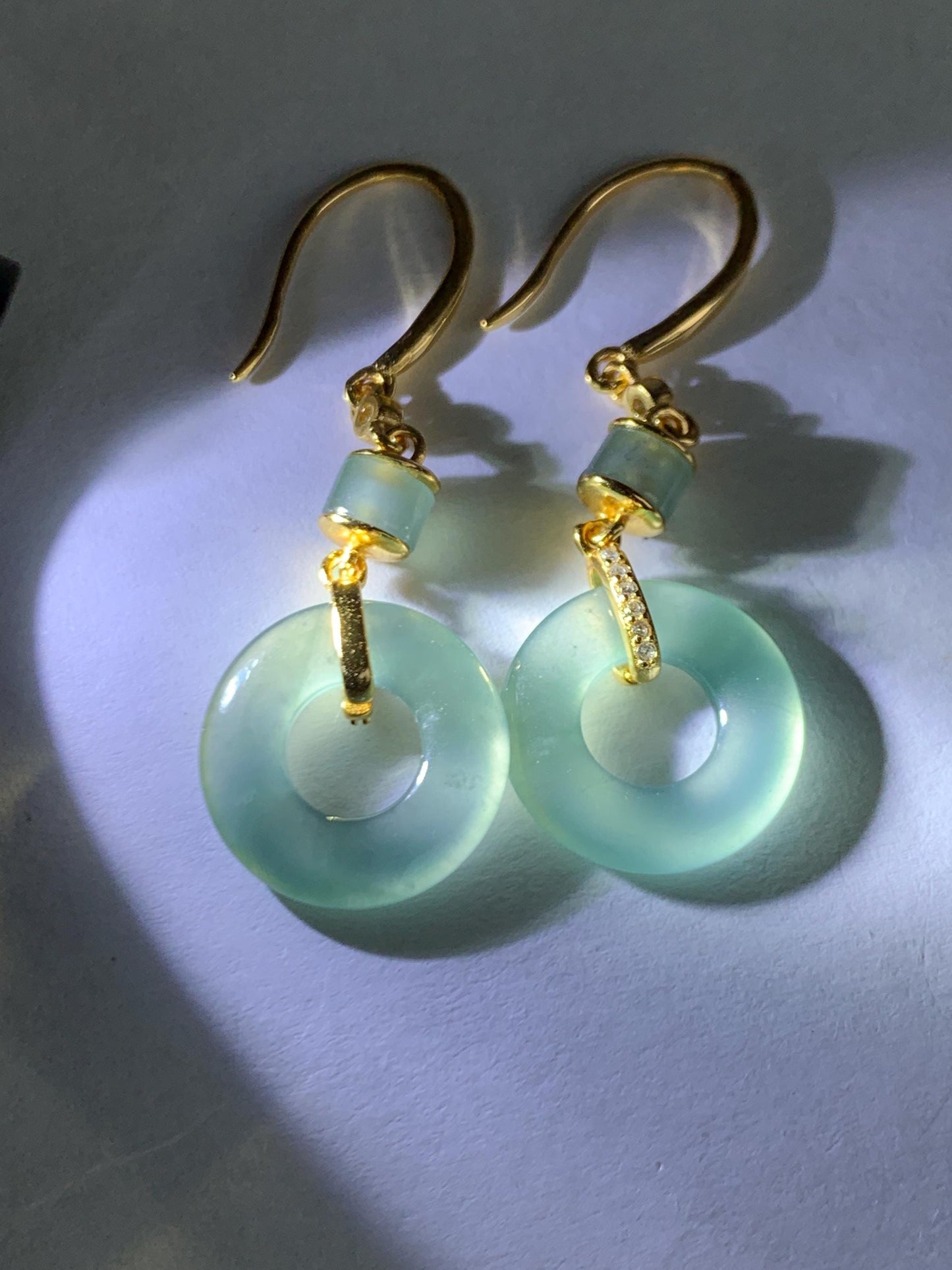 Natural Grade A Guatemalan Icy Highly Translucent Teal Green Jade Jadeite Ping An Kou Donut Earrings Sterling Silver 天然冰危浅蓝绿翡翠平安扣耳钩 PAD220A