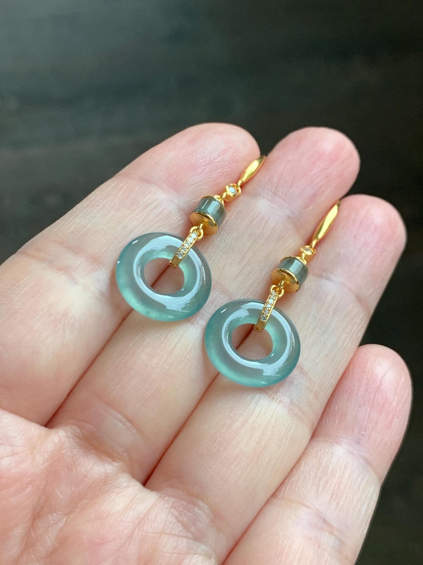 Natural Grade A Guatemalan Icy Highly Translucent Teal Green Jade Jadeite Ping An Kou Donut Earrings Sterling Silver 天然冰危浅蓝绿翡翠平安扣耳钩 PAD220A