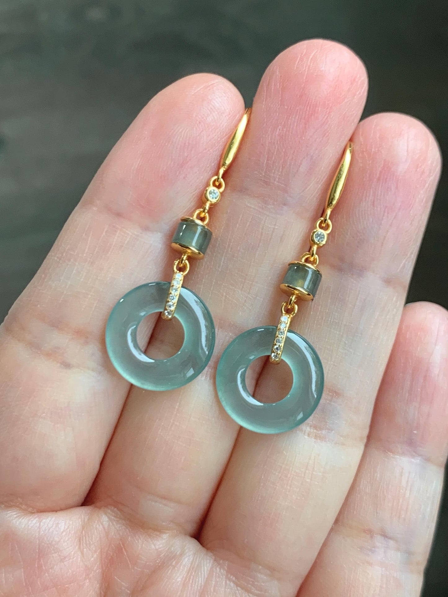 Natural Grade A Guatemalan Icy Highly Translucent Teal Green Jade Jadeite Ping An Kou Donut Earrings Sterling Silver 天然冰危浅蓝绿翡翠平安扣耳钩 PAD220A