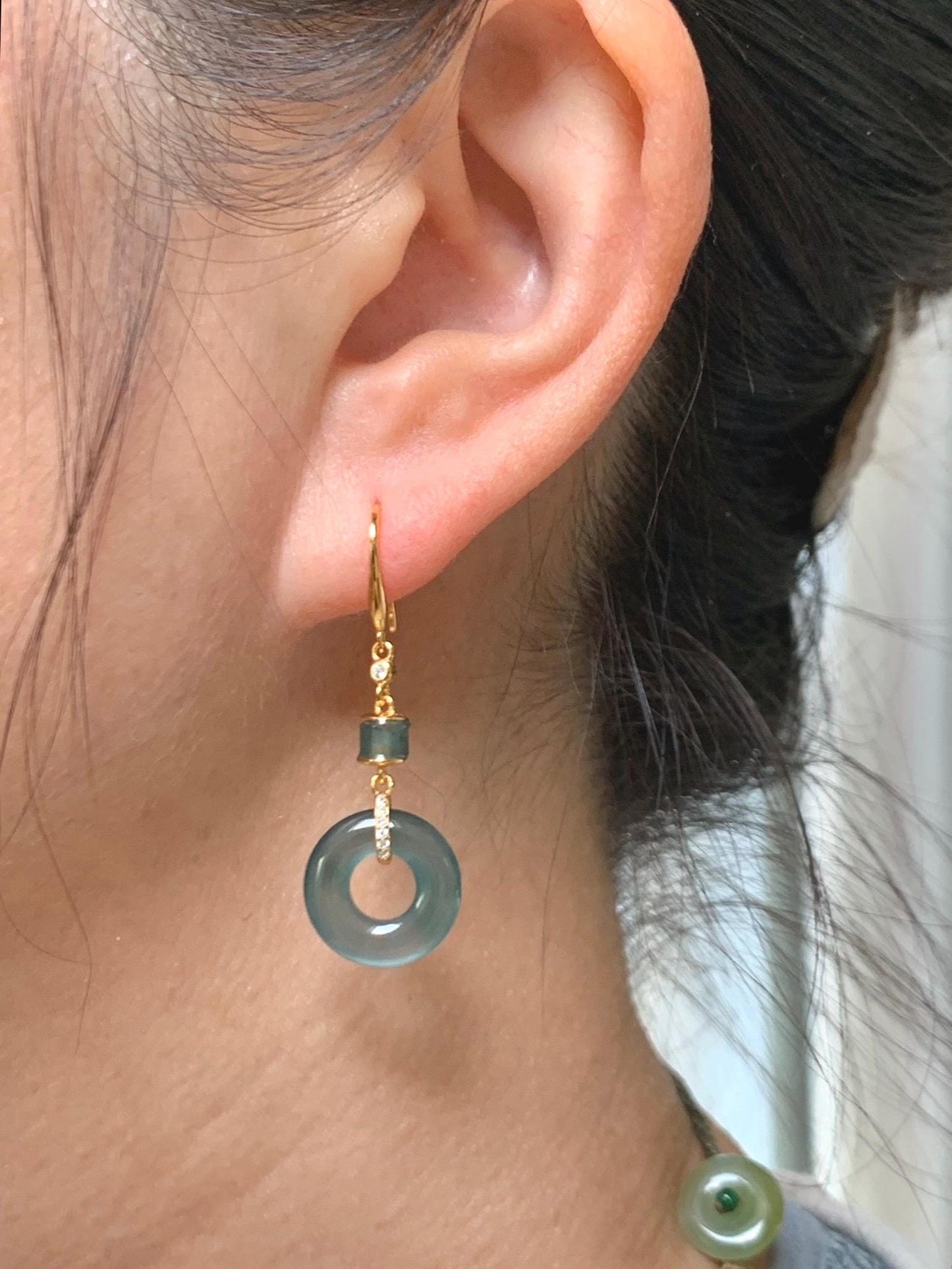 Natural Grade A Guatemalan Icy Highly Translucent Teal Blue Jade Jadeite Ping An Kou Donut Earrings Sterling Silver 天然冰危深蓝绿翡翠平安扣耳钩 PAD220B