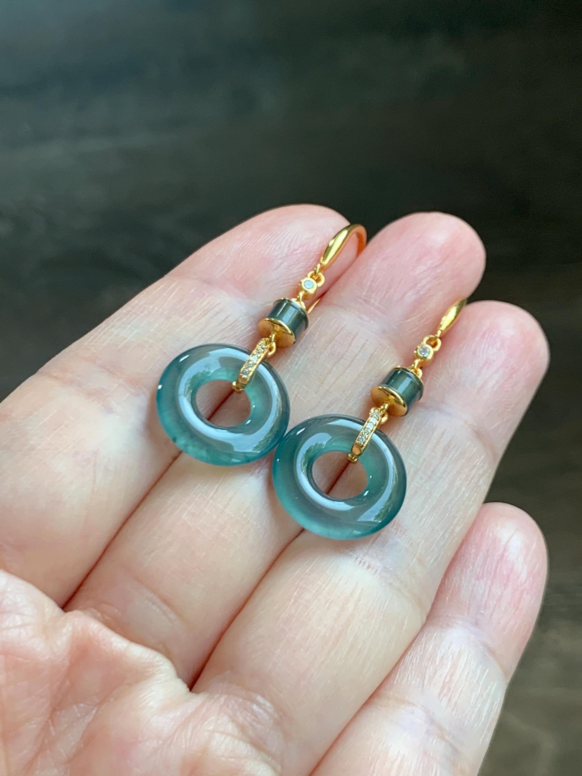 Natural Grade A Guatemalan Icy Highly Translucent Teal Blue Jade Jadeite Ping An Kou Donut Earrings Sterling Silver 天然冰危深蓝绿翡翠平安扣耳钩 PAD220B