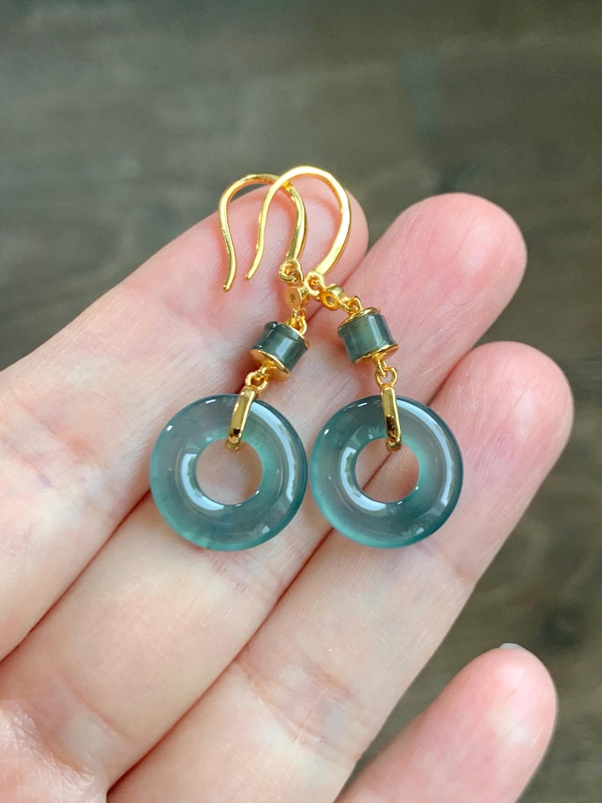 Natural Grade A Guatemalan Icy Highly Translucent Teal Blue Jade Jadeite Ping An Kou Donut Earrings Sterling Silver 天然冰危深蓝绿翡翠平安扣耳钩 PAD220B