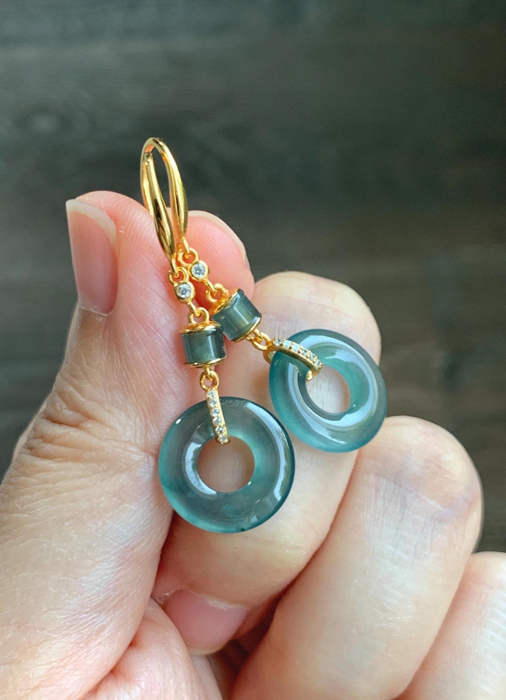 Natural Grade A Guatemalan Icy Highly Translucent Teal Blue Jade Jadeite Ping An Kou Donut Earrings Sterling Silver 天然冰危深蓝绿翡翠平安扣耳钩 PAD220B