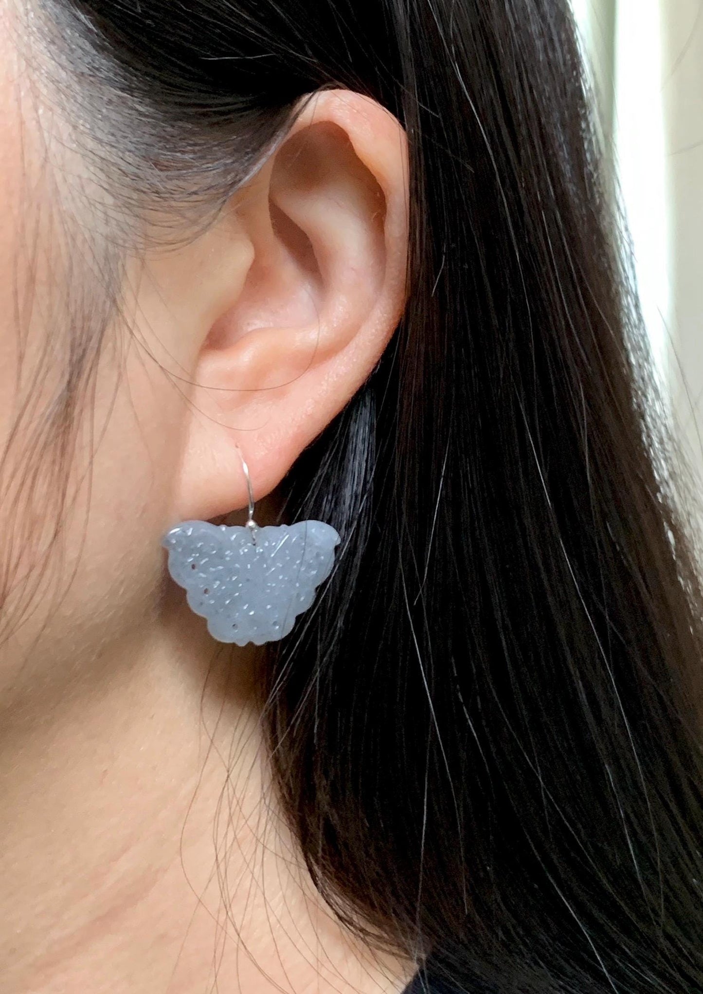 Natural Grade A Icy Translucent Light Gray Wuji Jade Jadeite Butterfly Dangle Earrings Openwork Engraved Sterling Silver 天然冰乌鸡翡翠仿古雕蝴蝶银耳钩 WJD