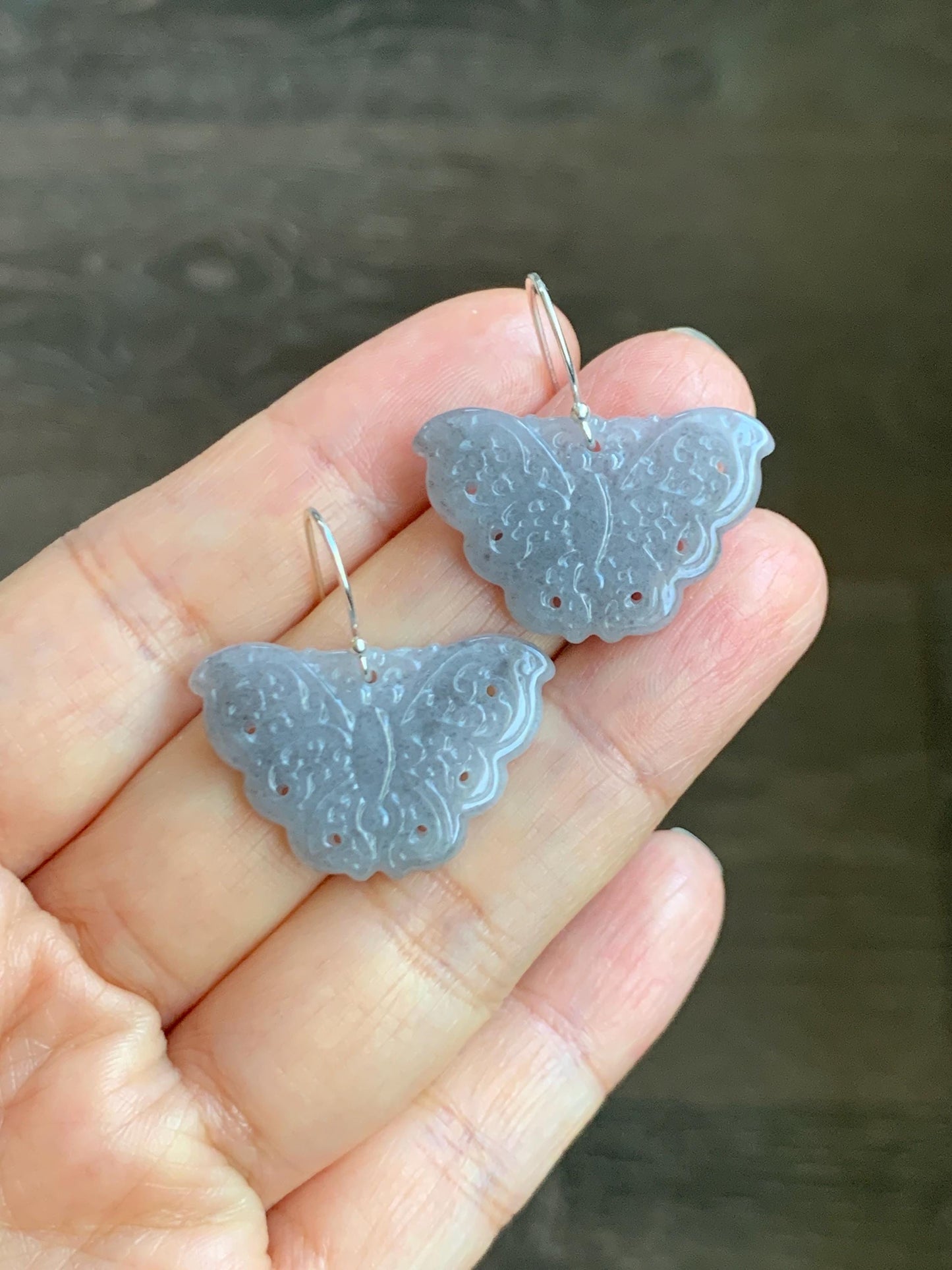 Natural Grade A Icy Translucent Light Gray Wuji Jade Jadeite Butterfly Dangle Earrings Openwork Engraved Sterling Silver 天然冰乌鸡翡翠仿古雕蝴蝶银耳钩 WJD
