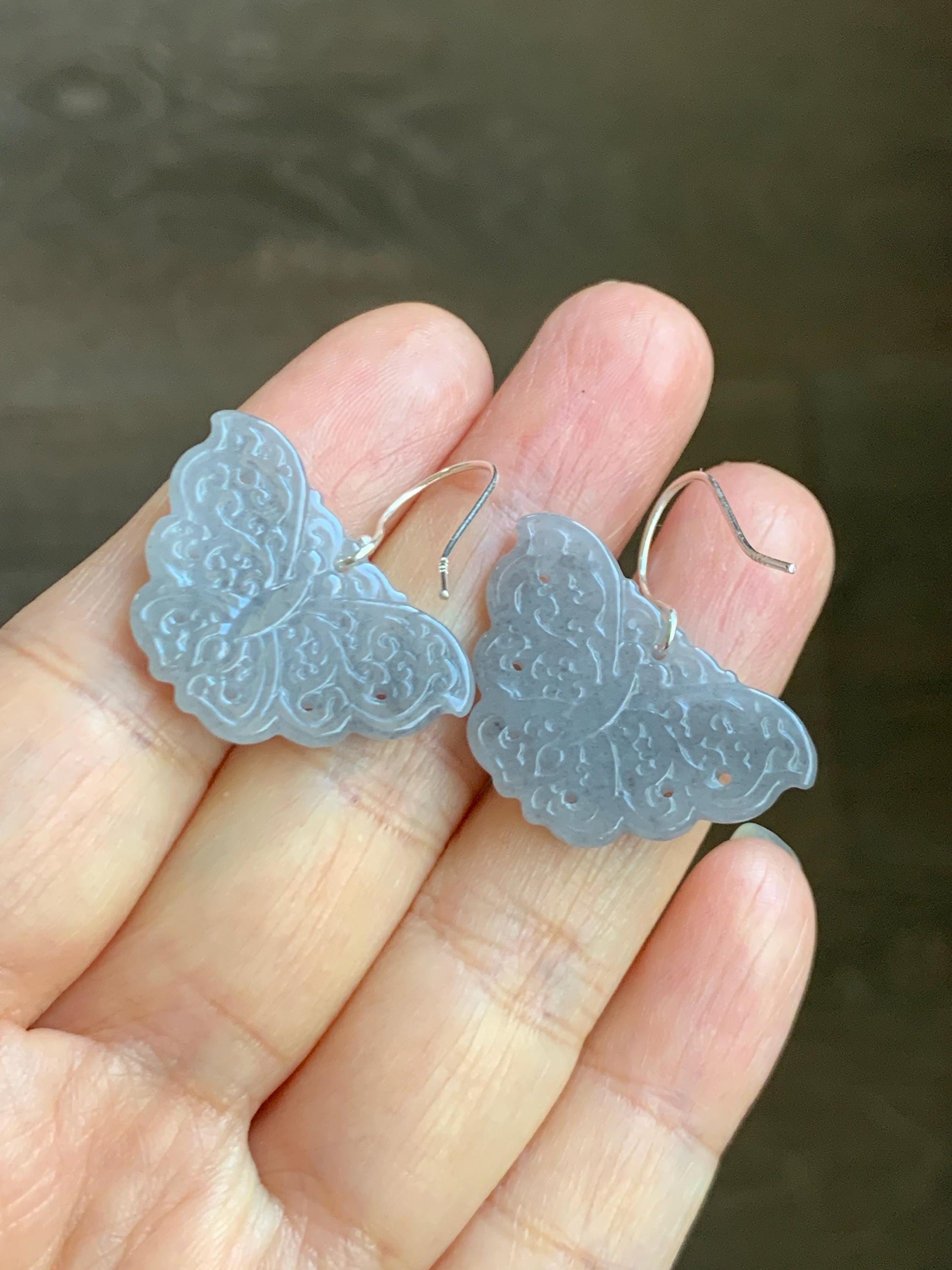 Natural Grade A Icy Translucent Light Gray Wuji Jade Jadeite Butterfly Dangle Earrings Openwork Engraved Sterling Silver 天然冰乌鸡翡翠仿古雕蝴蝶银耳钩 WJD