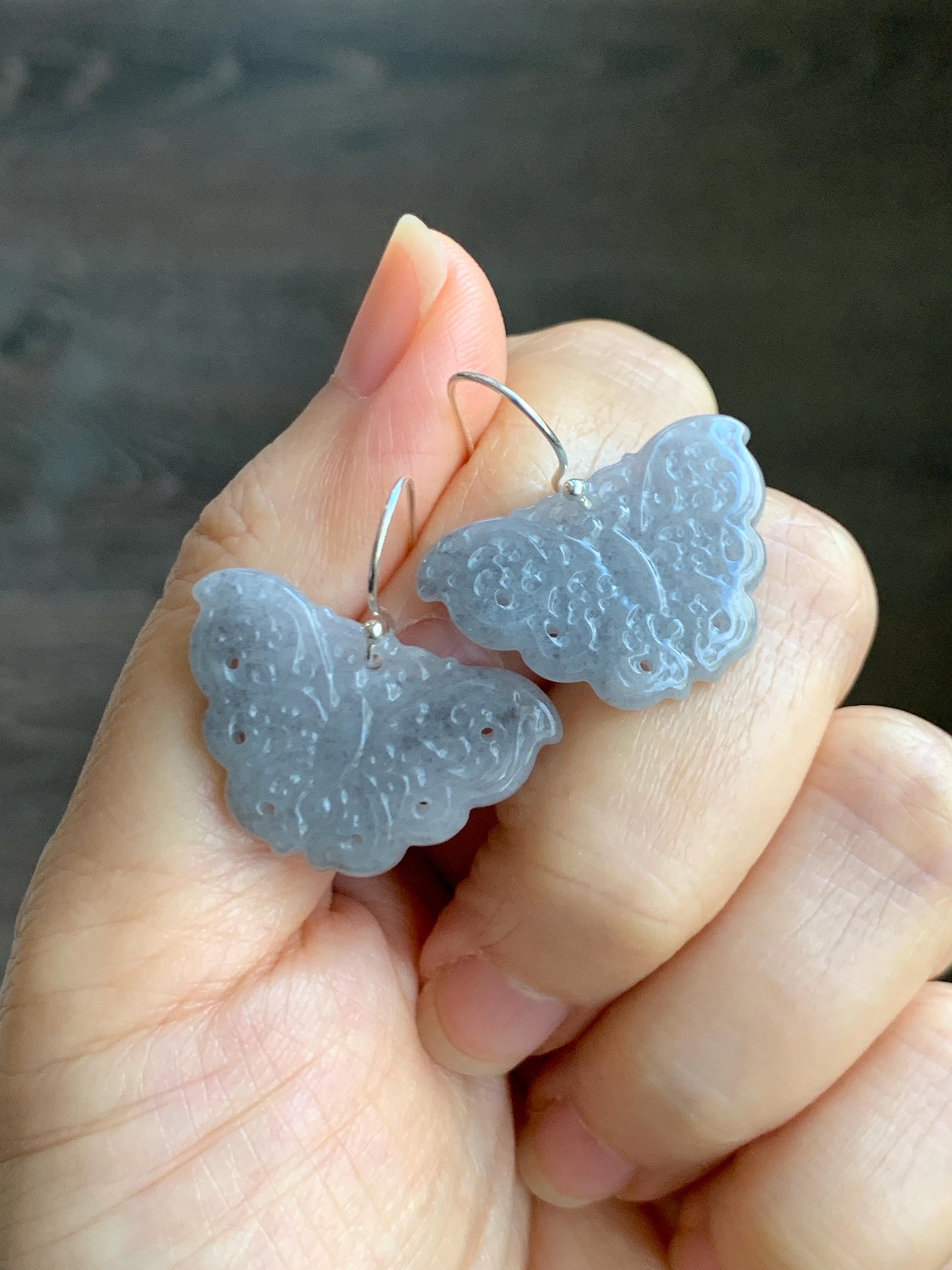 Natural Grade A Icy Translucent Light Gray Wuji Jade Jadeite Butterfly Dangle Earrings Openwork Engraved Sterling Silver 天然冰乌鸡翡翠仿古雕蝴蝶银耳钩 WJD
