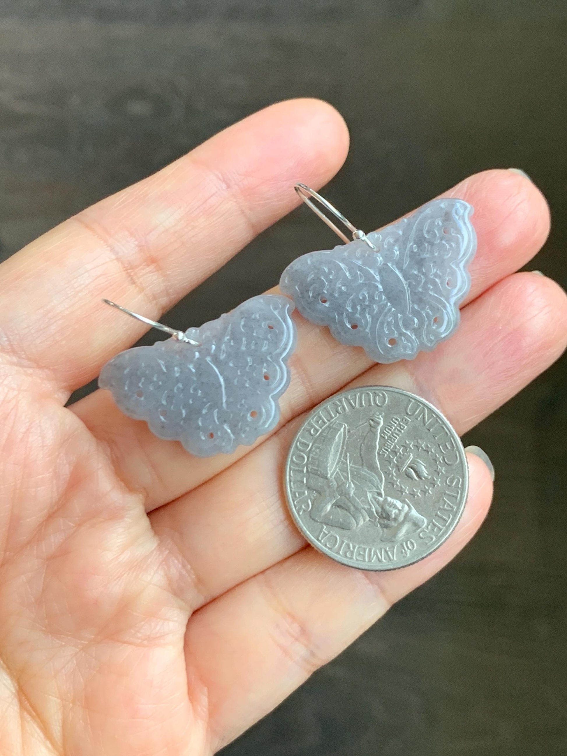 Natural Grade A Icy Translucent Light Gray Wuji Jade Jadeite Butterfly Dangle Earrings Openwork Engraved Sterling Silver 天然冰乌鸡翡翠仿古雕蝴蝶银耳钩 WJD