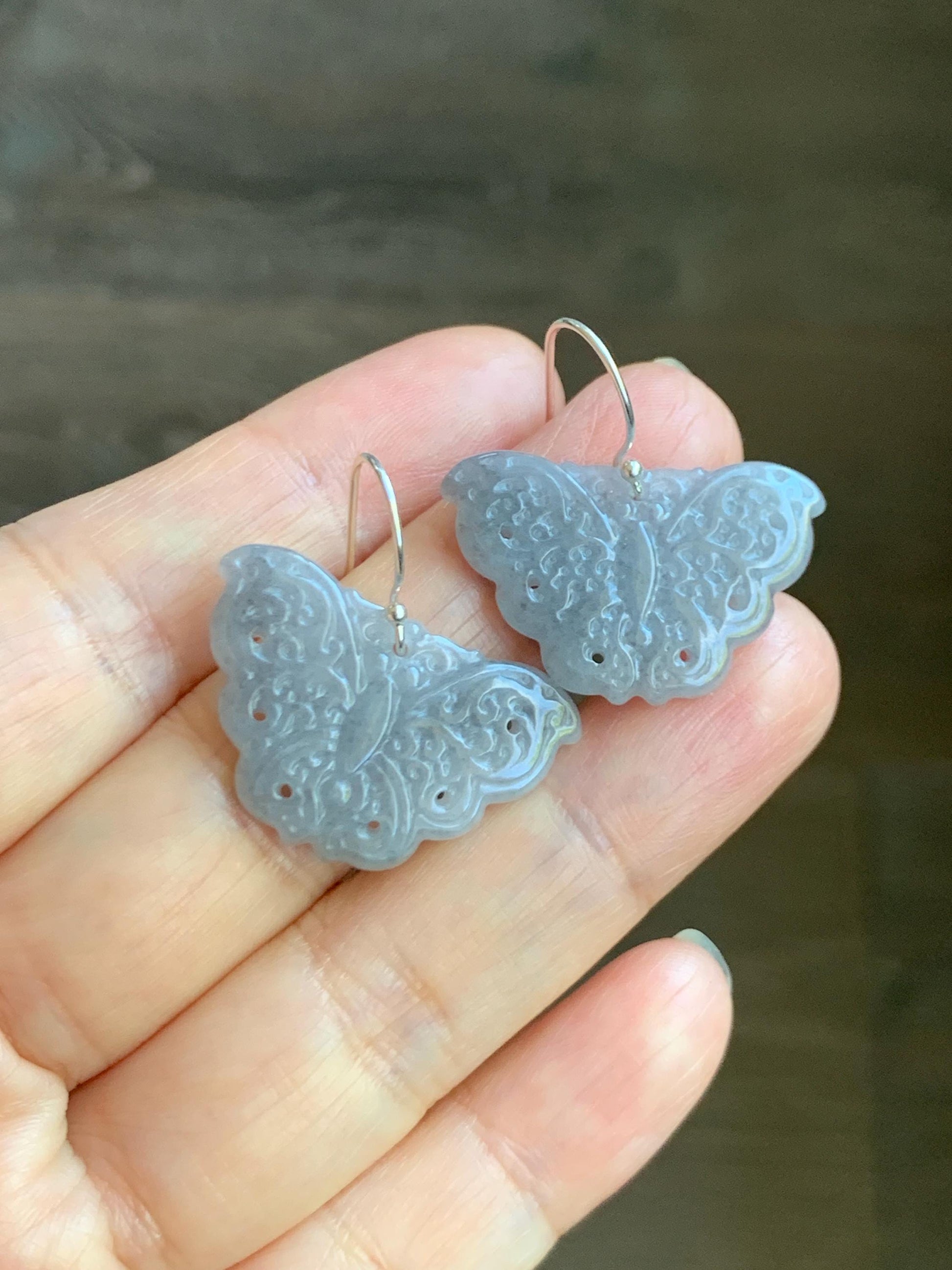 Natural Grade A Icy Translucent Light Gray Wuji Jade Jadeite Butterfly Dangle Earrings Openwork Engraved Sterling Silver 天然冰乌鸡翡翠仿古雕蝴蝶银耳钩 WJD