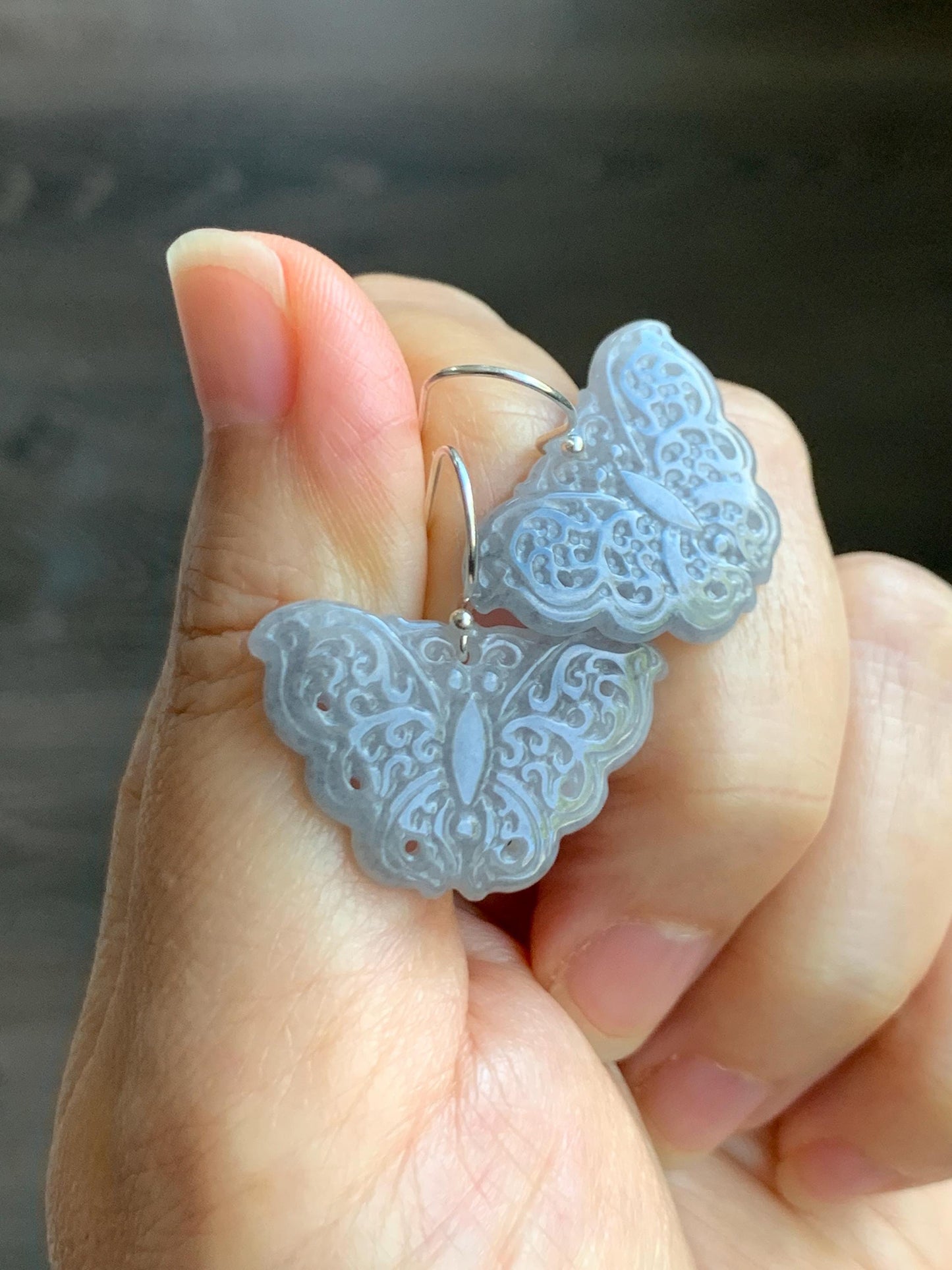 Natural Grade A Icy Translucent Light Gray Wuji Jade Jadeite Butterfly Dangle Earrings Openwork Engraved Sterling Silver 天然冰乌鸡翡翠仿古雕蝴蝶银耳钩 WJD