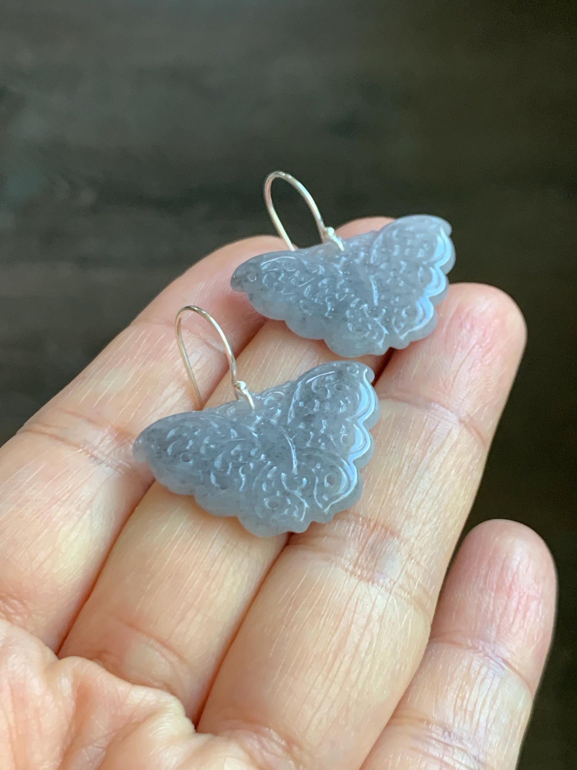 Natural Grade A Icy Translucent Light Gray Wuji Jade Jadeite Butterfly Dangle Earrings Openwork Engraved Sterling Silver 天然冰乌鸡翡翠仿古雕蝴蝶银耳钩 WJD