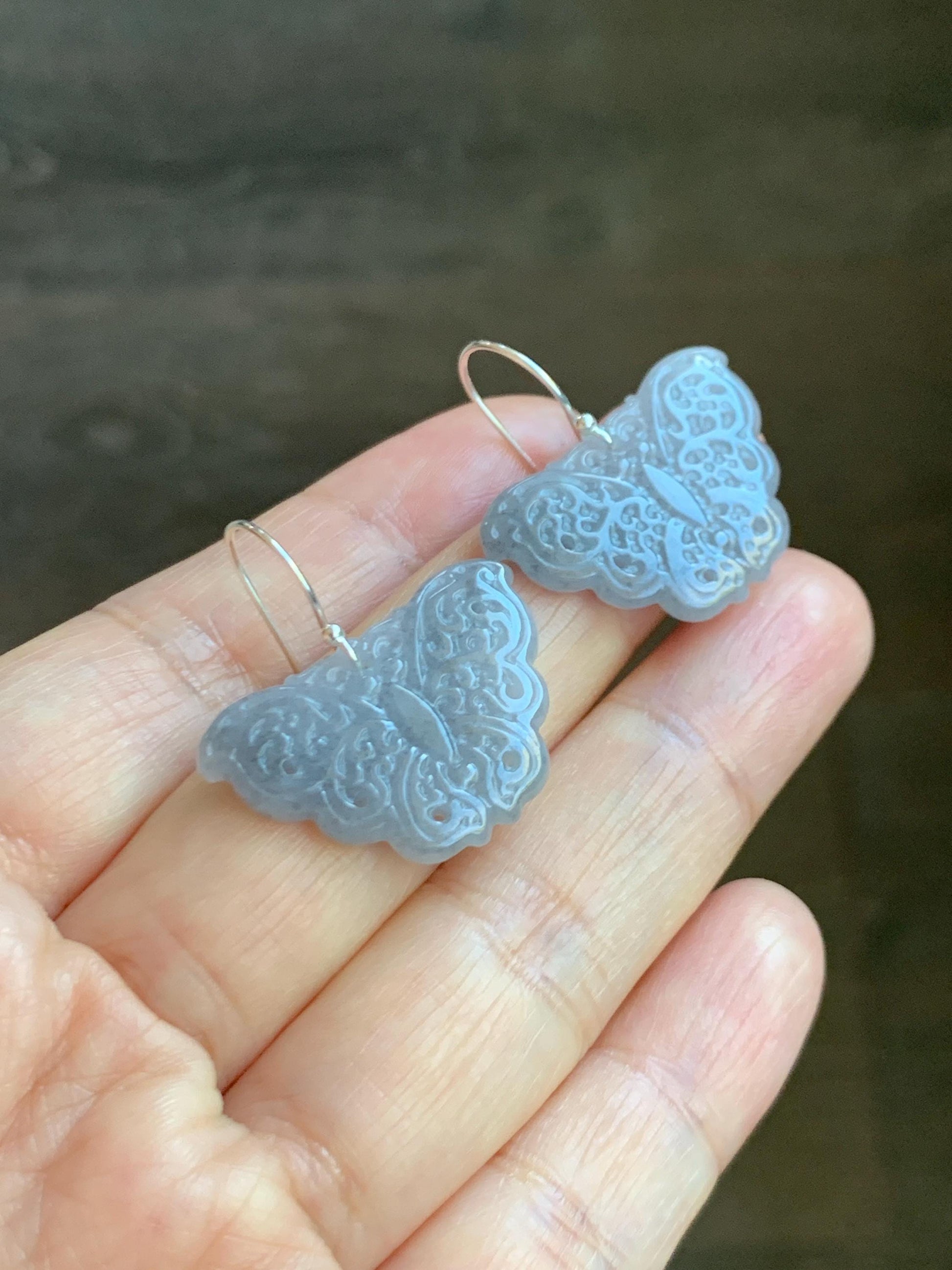 Natural Grade A Icy Translucent Light Gray Wuji Jade Jadeite Butterfly Dangle Earrings Openwork Engraved Sterling Silver 天然冰乌鸡翡翠仿古雕蝴蝶银耳钩 WJD