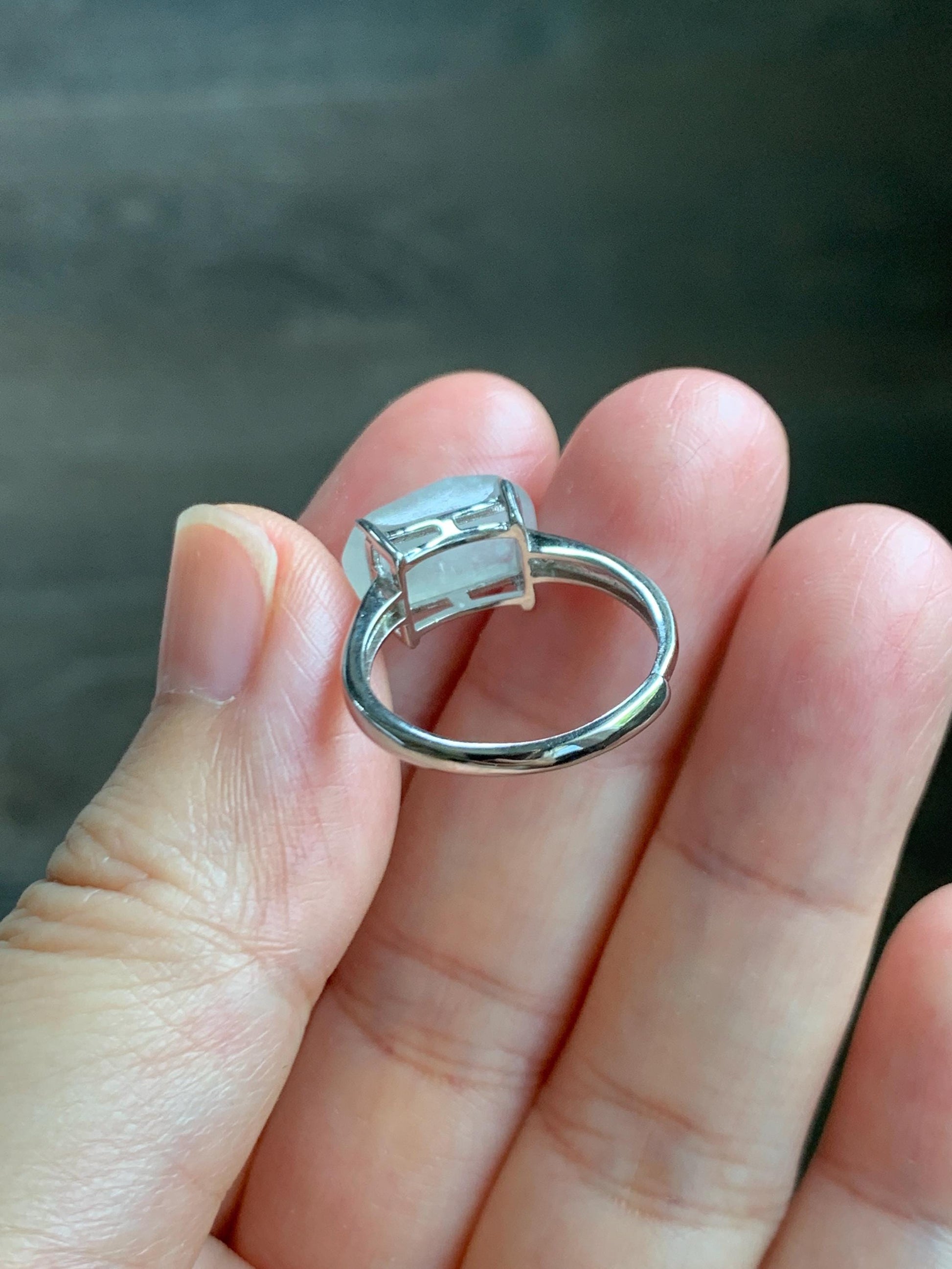 Natural Grade A Icy Translucent Gelatinous White Faceted Jade Jadeite Ring Sterling Silver Size 7 Adjustable 天然冰胶翡翠切割马鞍蛋面银镶戒指 QGA240