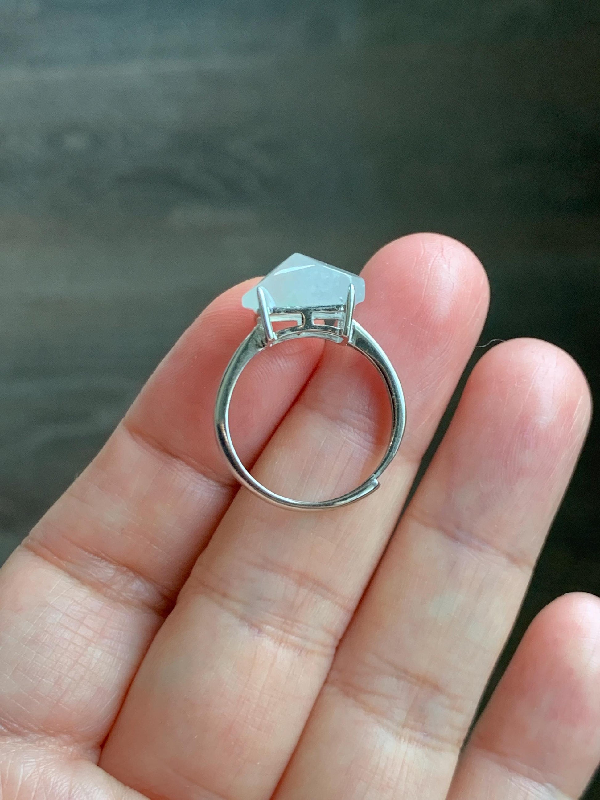 Natural Grade A Icy Translucent Gelatinous White Faceted Jade Jadeite Ring Sterling Silver Size 7 Adjustable 天然冰胶翡翠切割马鞍蛋面银镶戒指 QGA240