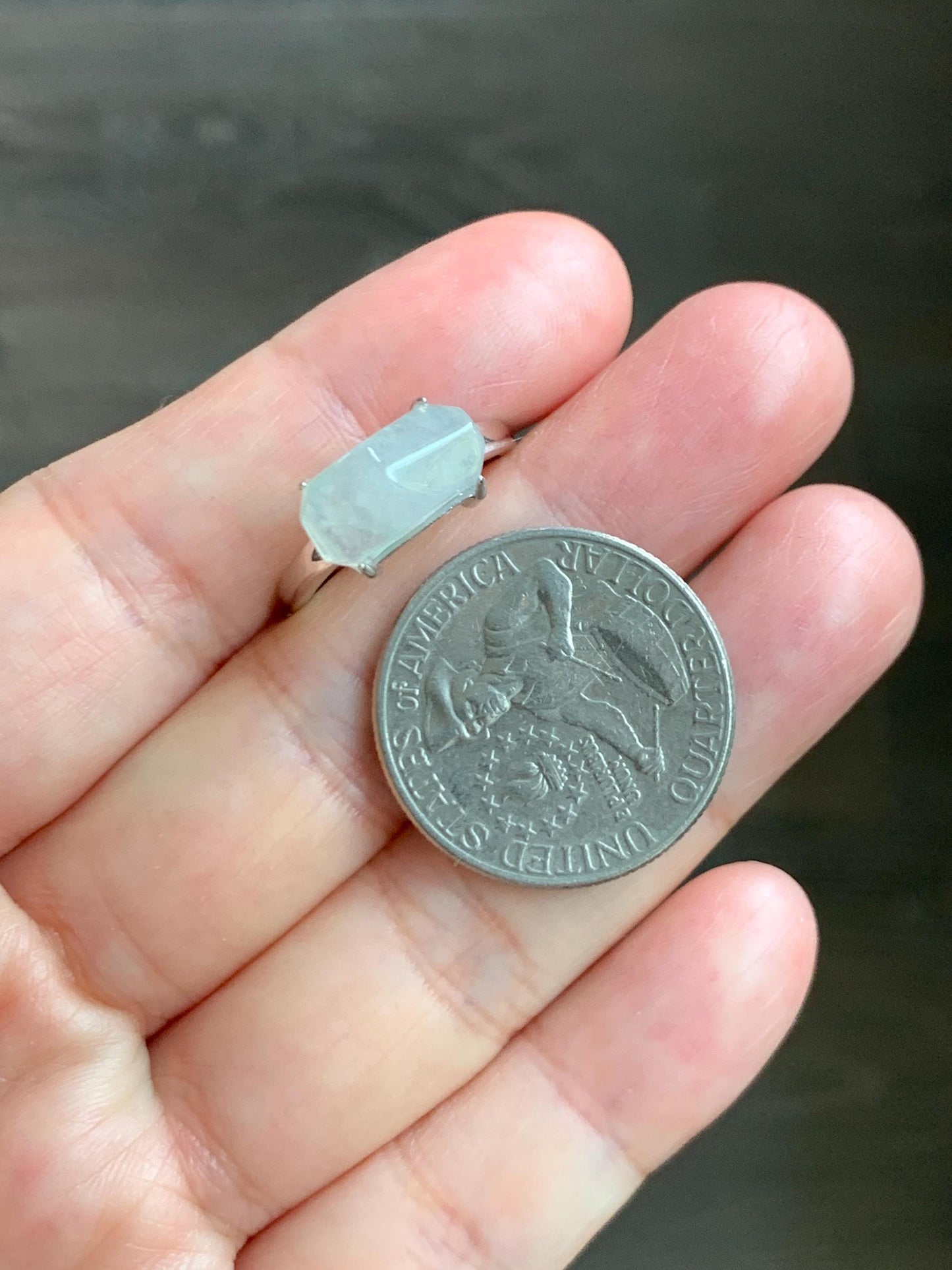 Natural Grade A Icy Translucent Gelatinous White Faceted Jade Jadeite Ring Sterling Silver Size 7 Adjustable 天然冰胶翡翠切割马鞍蛋面银镶戒指 QGA240