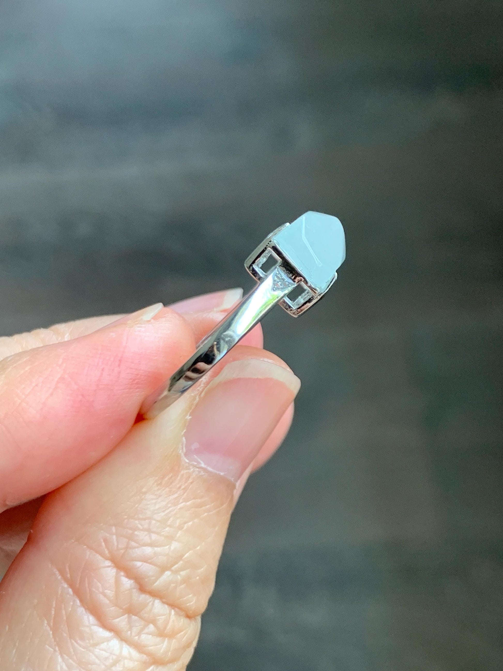 Natural Grade A Icy Translucent Gelatinous White Faceted Jade Jadeite Ring Sterling Silver Size 7 Adjustable 天然冰胶翡翠切割马鞍蛋面银镶戒指 QGA240