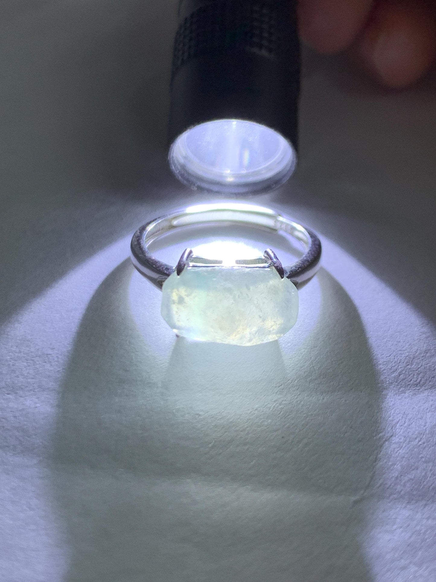 Natural Grade A Icy Translucent Gelatinous White Faceted Jade Jadeite Ring Sterling Silver Size 7 Adjustable 天然冰胶翡翠切割马鞍蛋面银镶戒指 QGA240