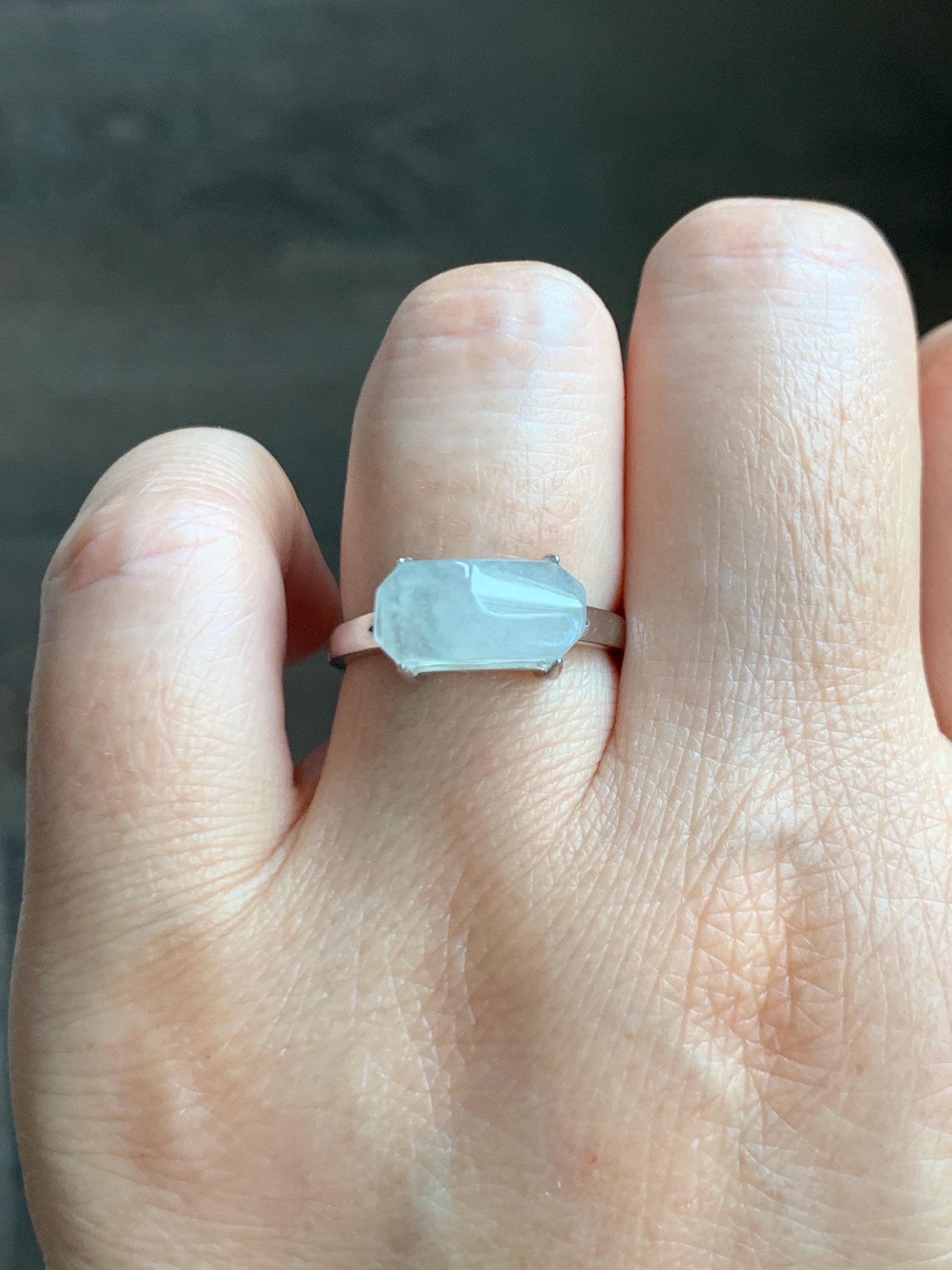 Natural Grade A Icy Translucent Gelatinous White Faceted Jade Jadeite Ring Sterling Silver Size 7 Adjustable 天然冰胶翡翠切割马鞍蛋面银镶戒指 QGA240