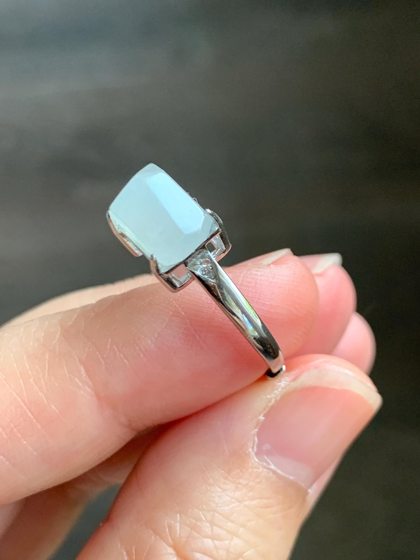 Natural Grade A Icy Translucent Gelatinous White Faceted Jade Jadeite Ring Sterling Silver Size 7 Adjustable 天然冰胶翡翠切割马鞍蛋面银镶戒指 QGA240