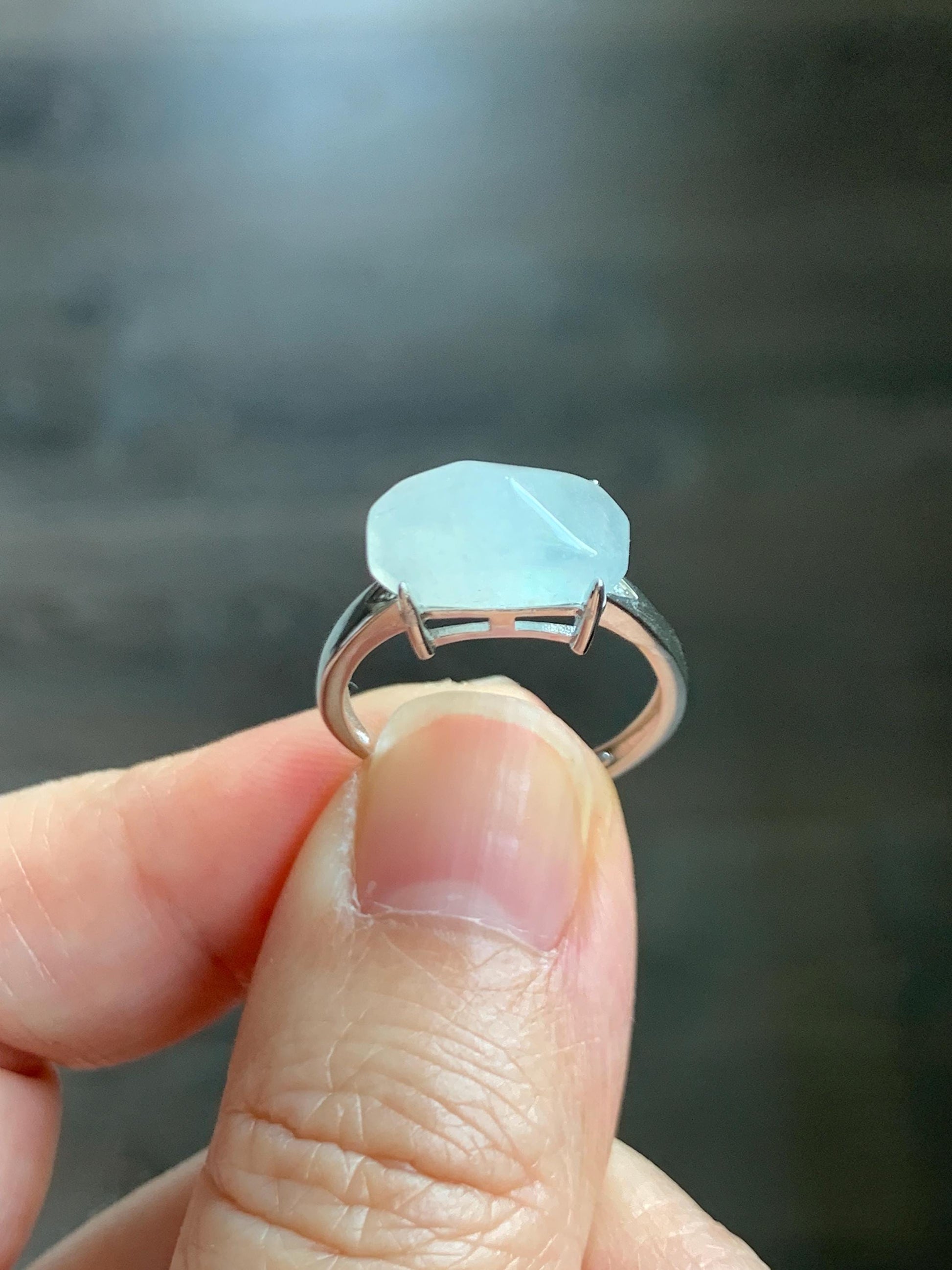 Natural Grade A Icy Translucent Gelatinous White Faceted Jade Jadeite Ring Sterling Silver Size 7 Adjustable 天然冰胶翡翠切割马鞍蛋面银镶戒指 QGA240