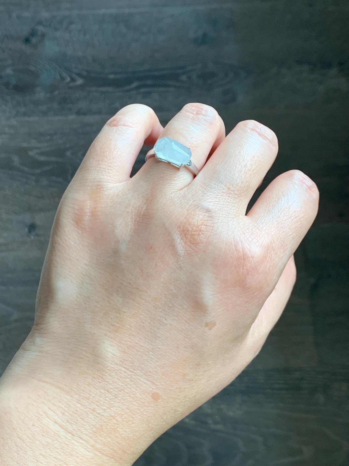 Natural Grade A Icy Translucent Gelatinous White Faceted Jade Jadeite Ring Sterling Silver Size 7 Adjustable 天然冰胶翡翠切割马鞍蛋面银镶戒指 QGA240