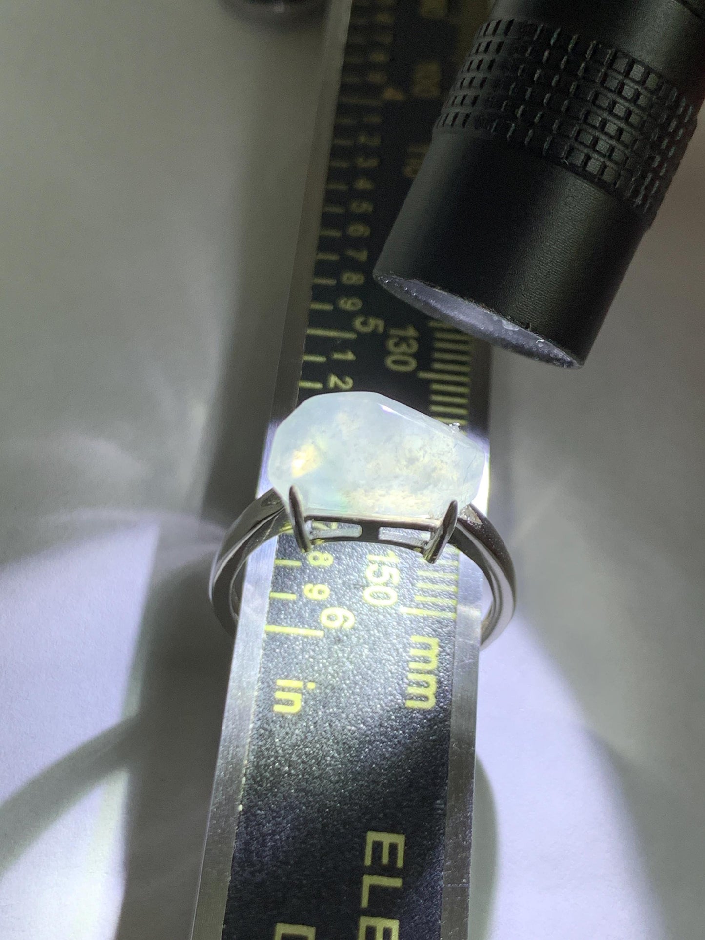 Natural Grade A Icy Translucent Gelatinous White Faceted Jade Jadeite Ring Sterling Silver Size 7 Adjustable 天然冰胶翡翠切割马鞍蛋面银镶戒指 QGA240