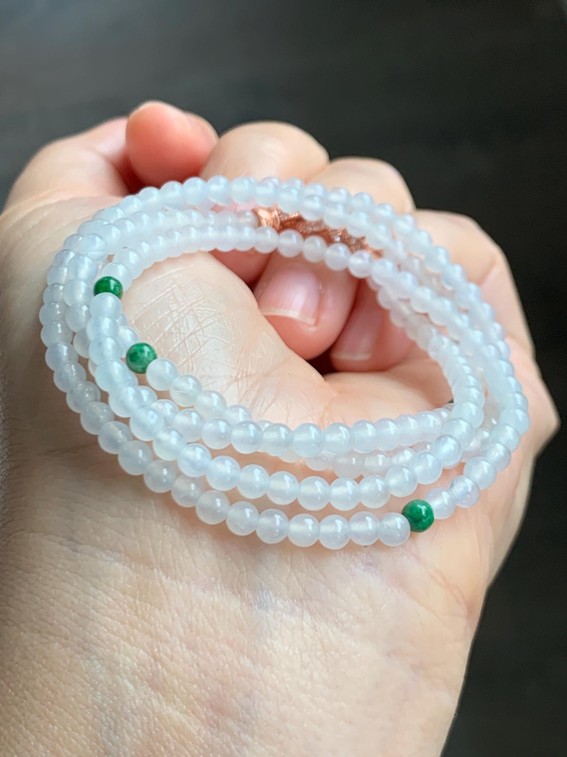 Certified Grade A Natural Icy Highly Translucent White & Green Jade Jadeite Round Beads Beaded Necklace 3.7mm 25” 15.5g 天然高冰起光翡翠圆珠长串项链 736