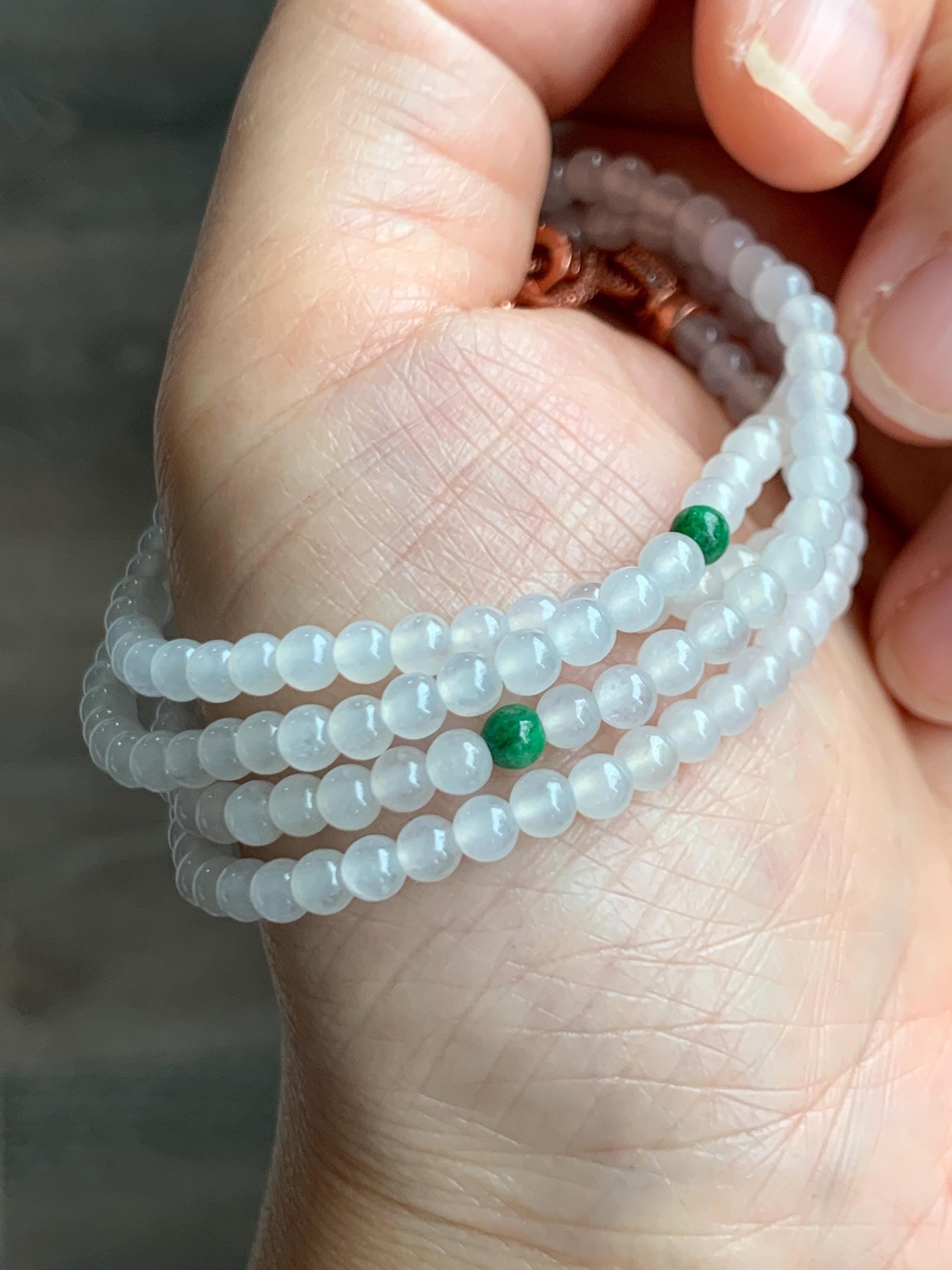 Certified Grade A Natural Icy Highly Translucent White & Green Jade Jadeite Round Beads Beaded Necklace 3.7mm 25” 15.5g 天然高冰起光翡翠圆珠长串项链 736