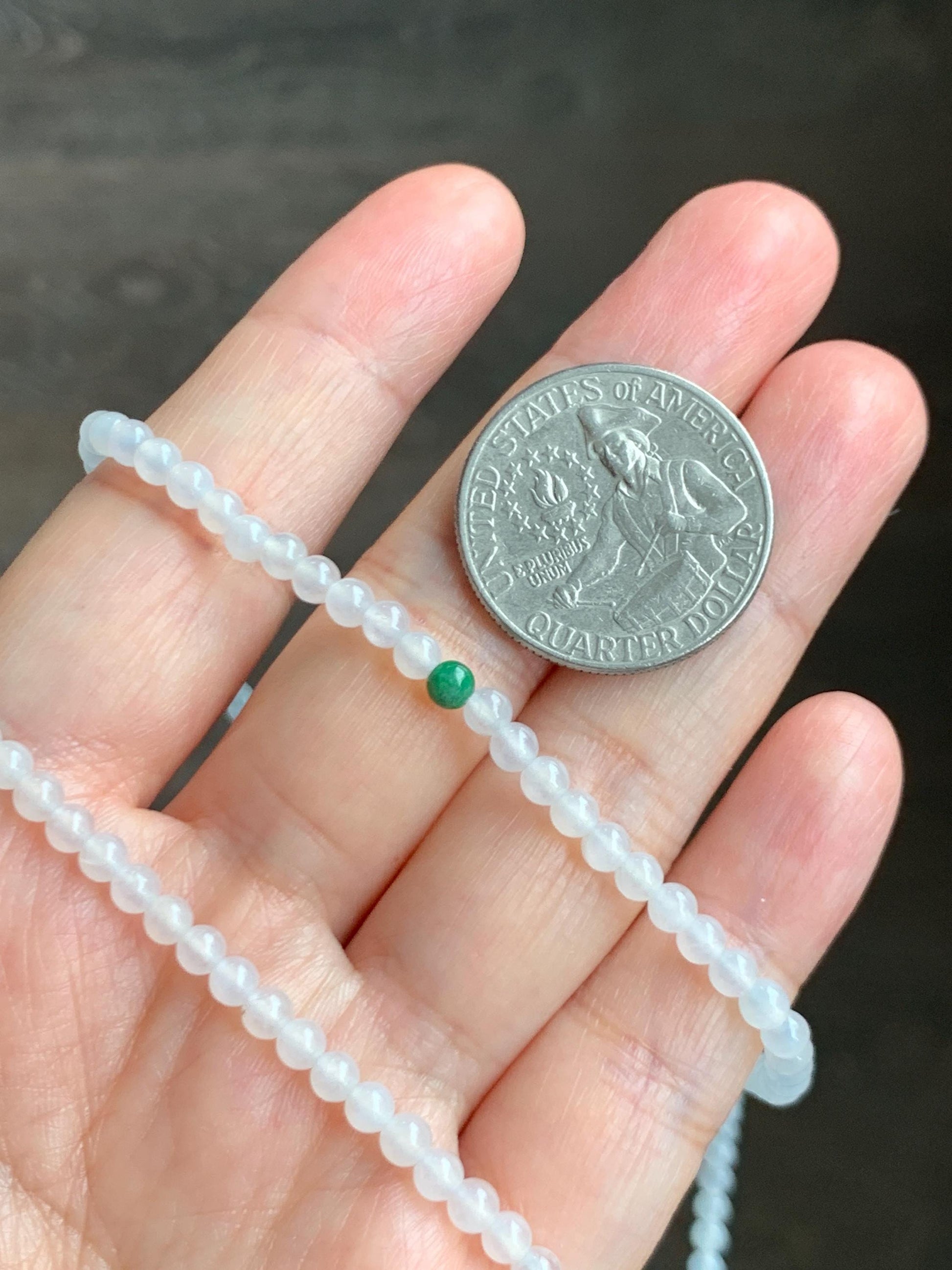 Certified Grade A Natural Icy Highly Translucent White & Green Jade Jadeite Round Beads Beaded Necklace 3.7mm 25” 15.5g 天然高冰起光翡翠圆珠长串项链 736