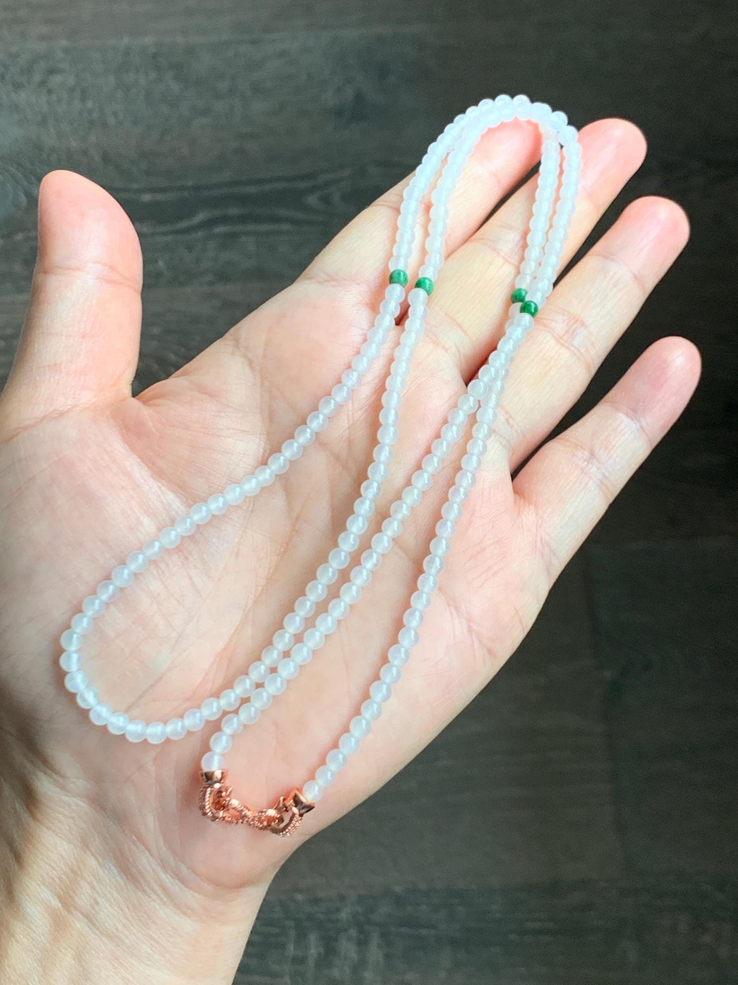 Certified Grade A Natural Icy Highly Translucent White & Green Jade Jadeite Round Beads Beaded Necklace 3.7mm 25” 15.5g 天然高冰起光翡翠圆珠长串项链 736