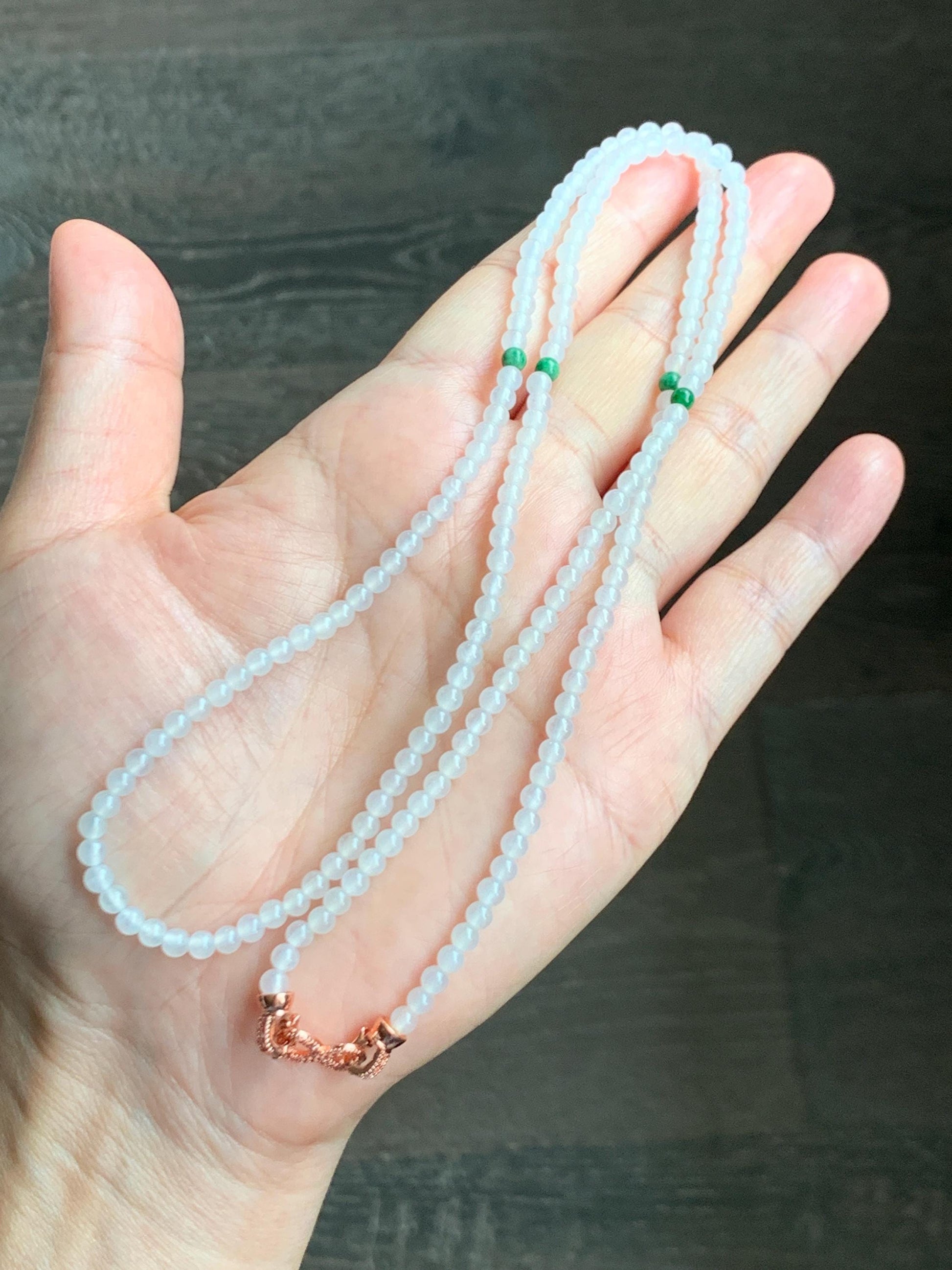 Certified Grade A Natural Icy Highly Translucent White & Green Jade Jadeite Round Beads Beaded Necklace 3.7mm 25” 15.5g 天然高冰起光翡翠圆珠长串项链 736