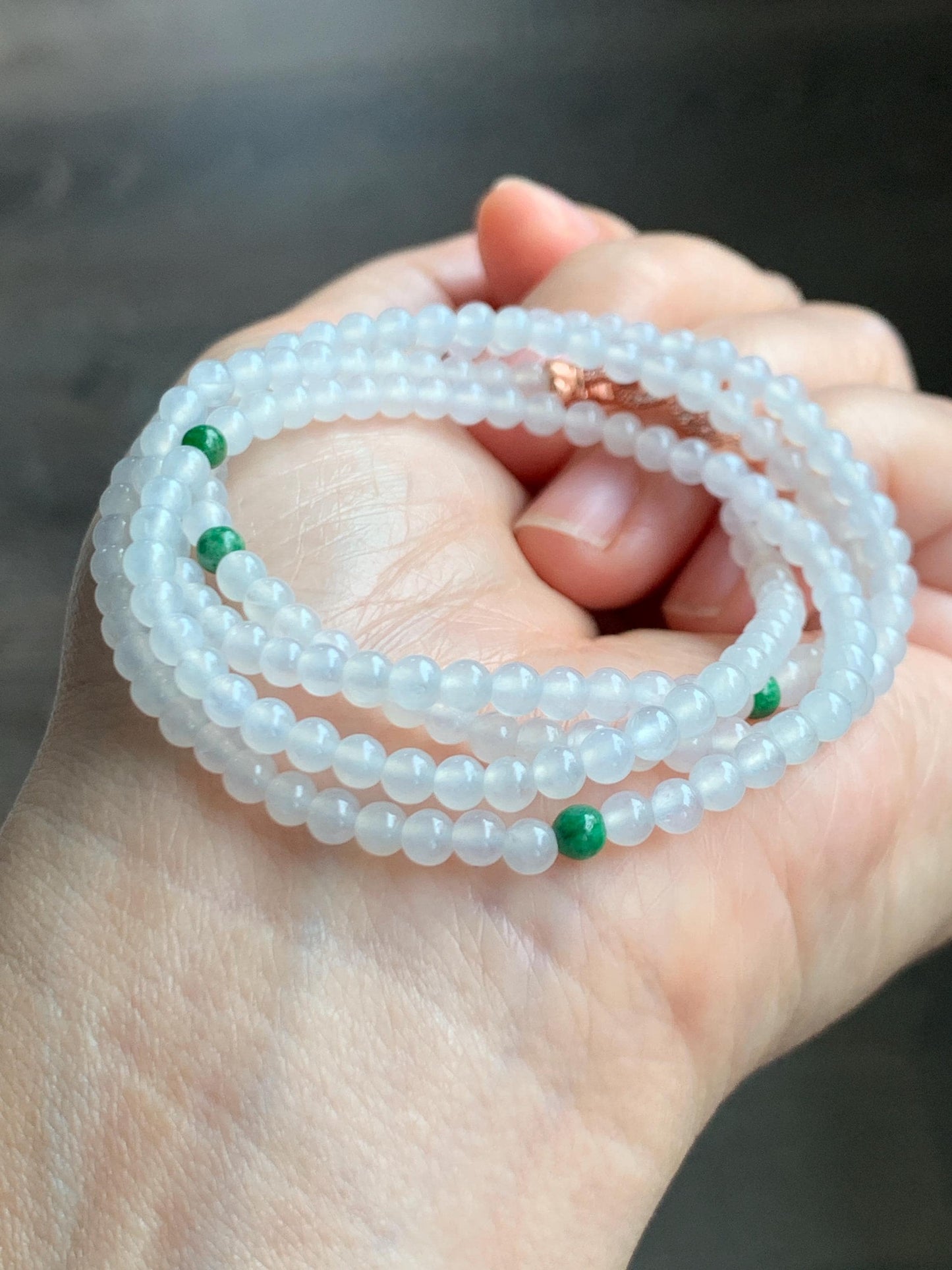 Certified Grade A Natural Icy Highly Translucent White & Green Jade Jadeite Round Beads Beaded Necklace 3.7mm 25” 15.5g 天然高冰起光翡翠圆珠长串项链 736
