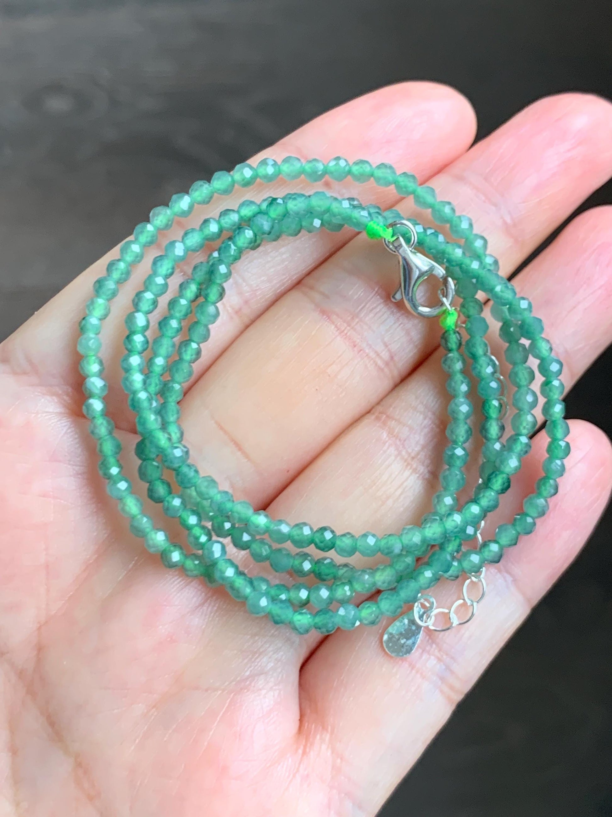Natural Grade A Guatemalan Icy Translucent Light Teal Faceted Jadeite Beads Beaded Necklace Sterling Silver 2.8mm 22” 天然冰危淡蓝翡翠切割珠项链 XMQ330A