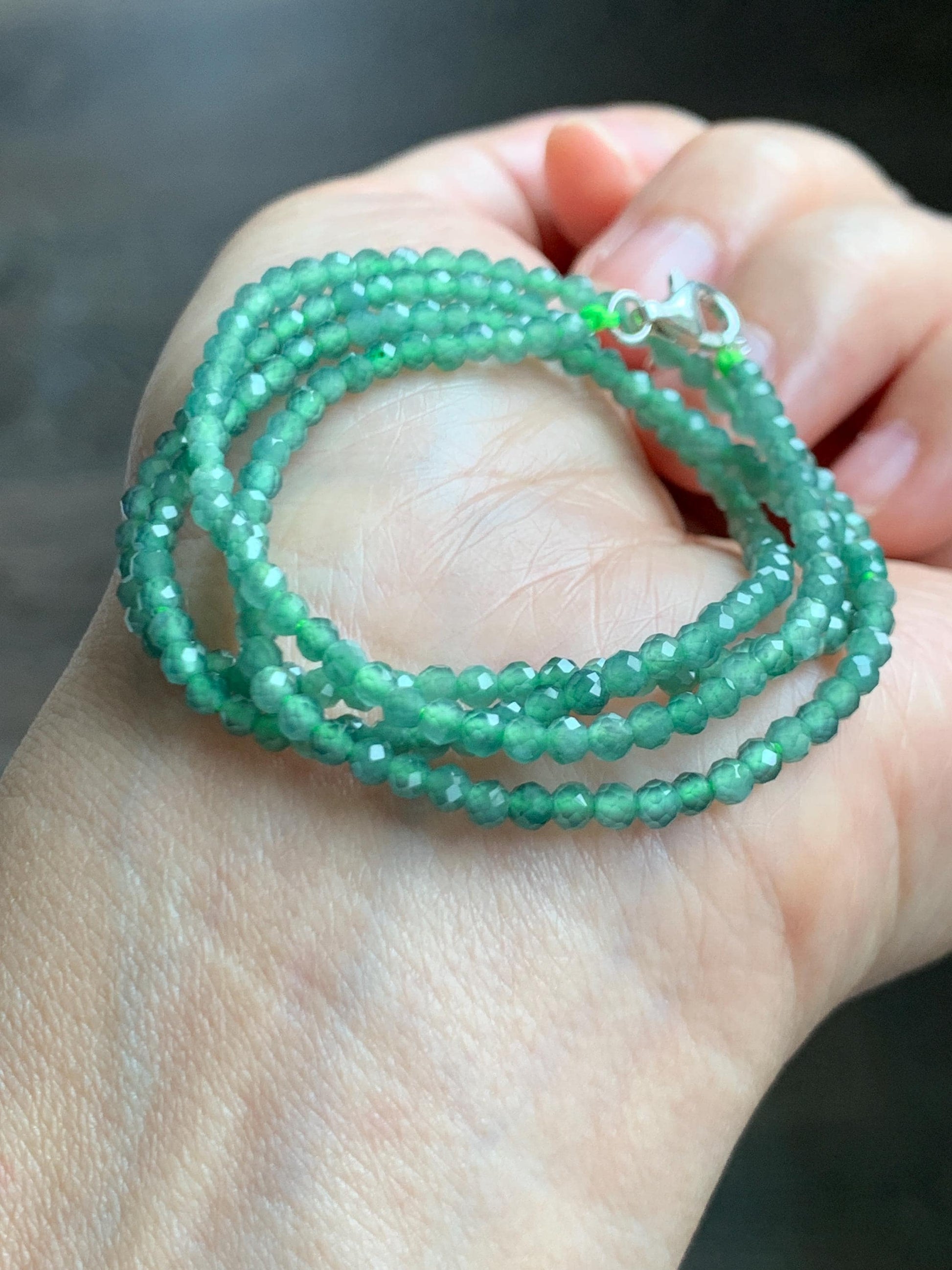 Natural Grade A Guatemalan Icy Translucent Light Teal Faceted Jadeite Beads Beaded Necklace Sterling Silver 2.8mm 22” 天然冰危淡蓝翡翠切割珠项链 XMQ330A