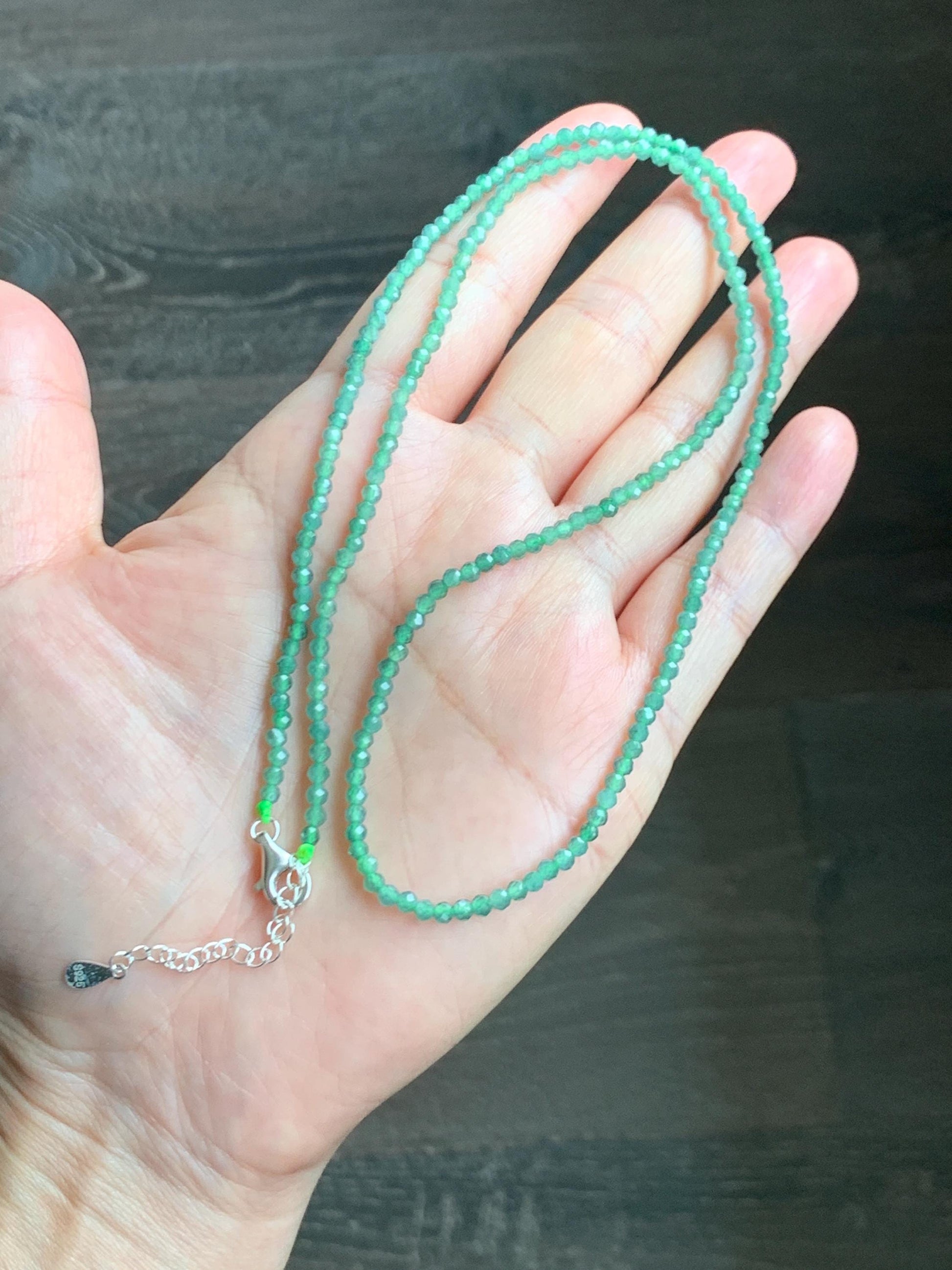 Natural Grade A Guatemalan Icy Translucent Light Teal Faceted Jadeite Beads Beaded Necklace Sterling Silver 2.8mm 22” 天然冰危淡蓝翡翠切割珠项链 XMQ330A