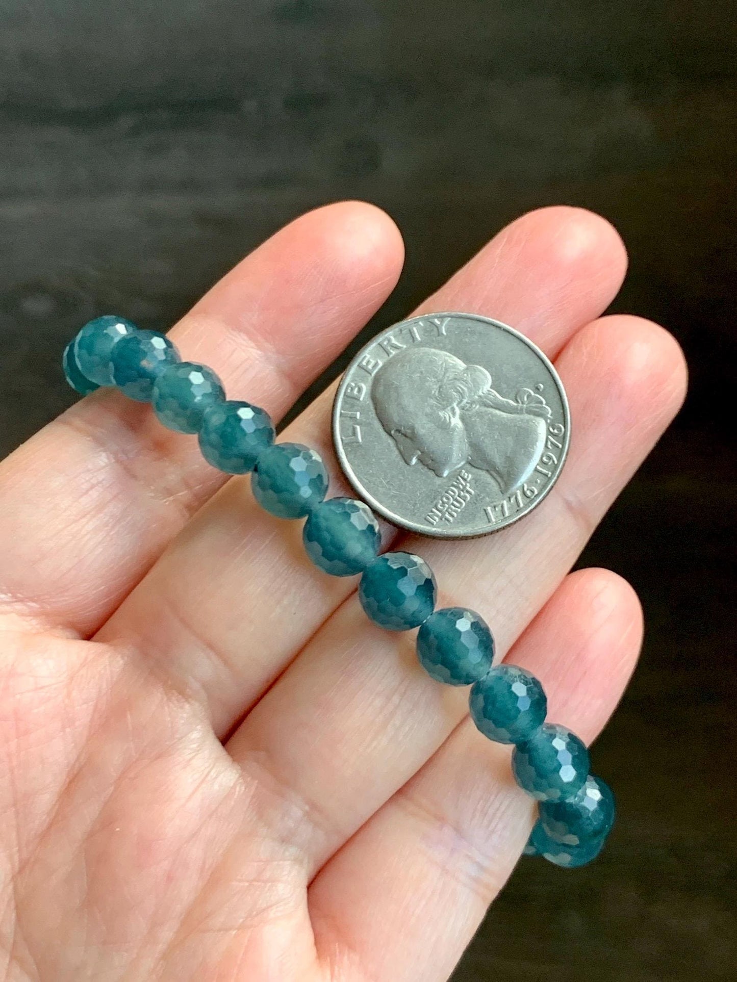 Certified Natural Grade A Guatemalan Icy Translucent Dark Teal Blue Faceted Jade Jadeite Beaded Bracelet 7.6mm 7” 17.4g 天然冰危蓝翡翠切割面圆珠手串 277
