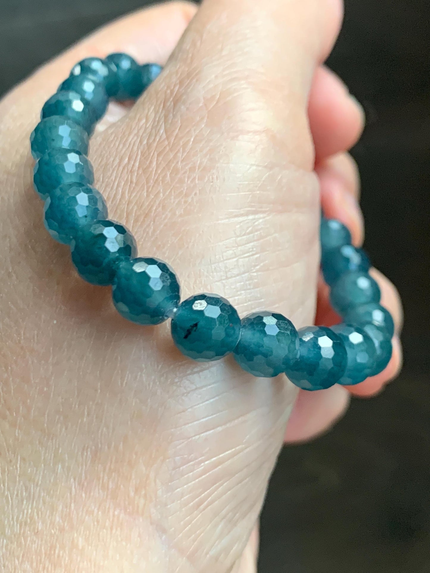 Certified Natural Grade A Guatemalan Icy Translucent Dark Teal Blue Faceted Jade Jadeite Beaded Bracelet 7.6mm 7” 17.4g 天然冰危蓝翡翠切割面圆珠手串 277