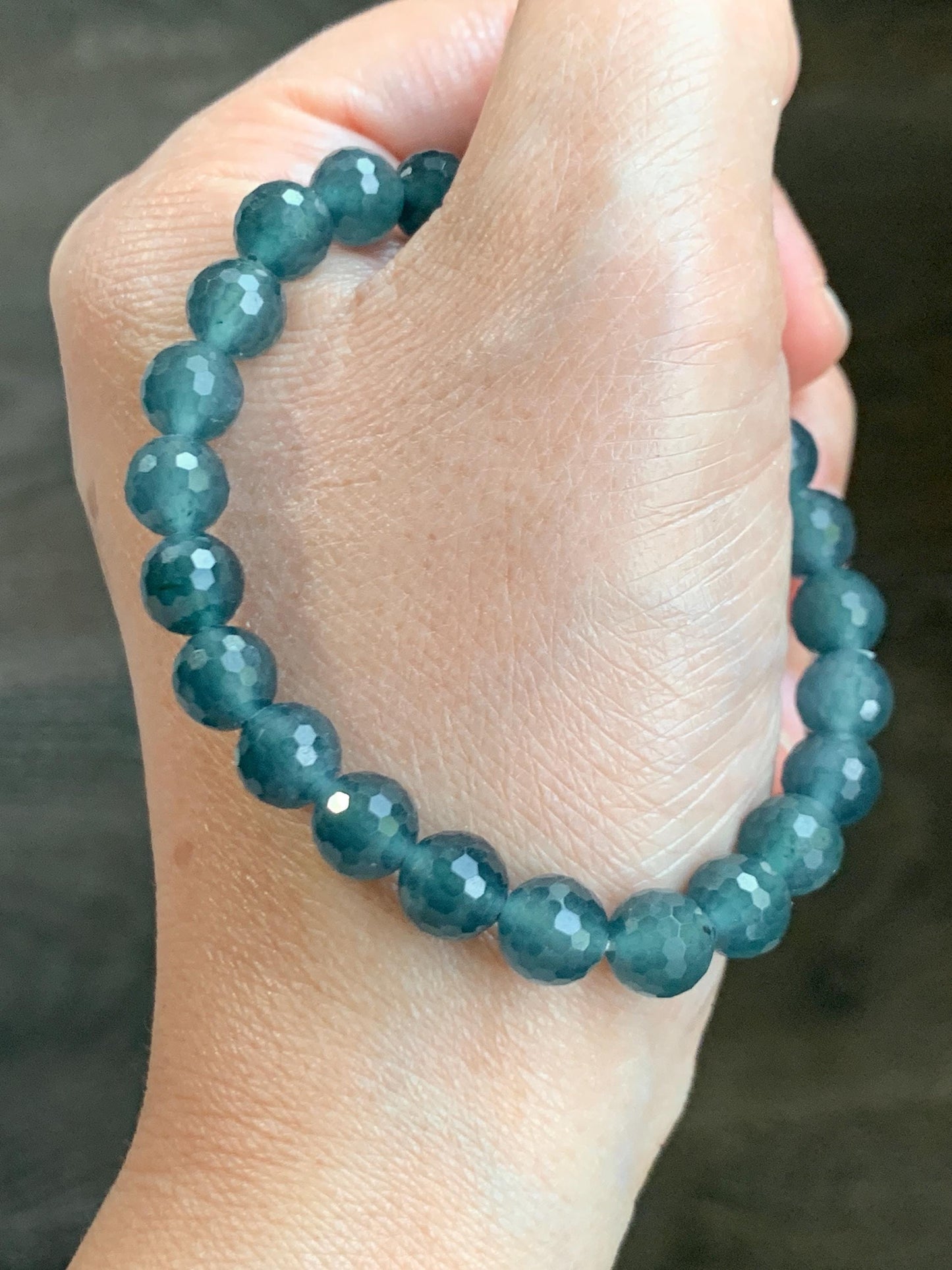 Certified Natural Grade A Guatemalan Icy Translucent Dark Teal Blue Faceted Jade Jadeite Beaded Bracelet 7.6mm 7” 17.4g 天然冰危蓝翡翠切割面圆珠手串 277