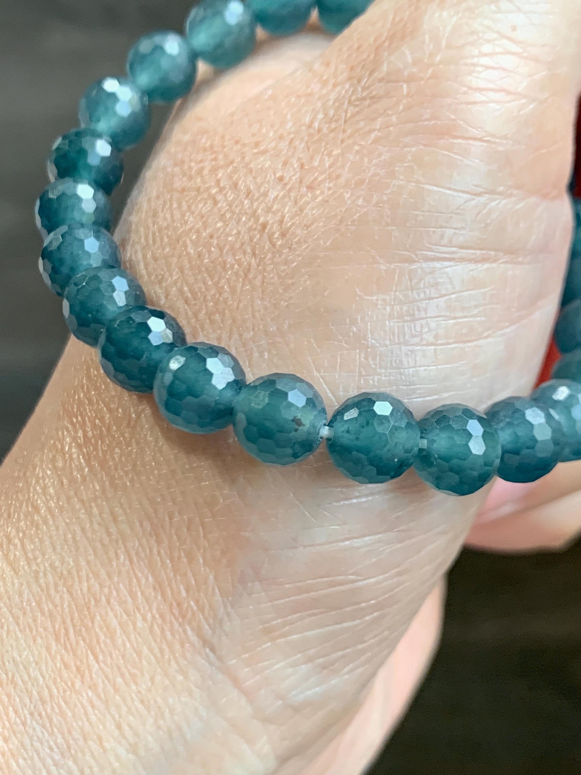 Certified Natural Grade A Guatemalan Icy Translucent Dark Teal Blue Faceted Jade Jadeite Beaded Bracelet 7.6mm 7” 17.4g 天然冰危蓝翡翠切割面圆珠手串 277