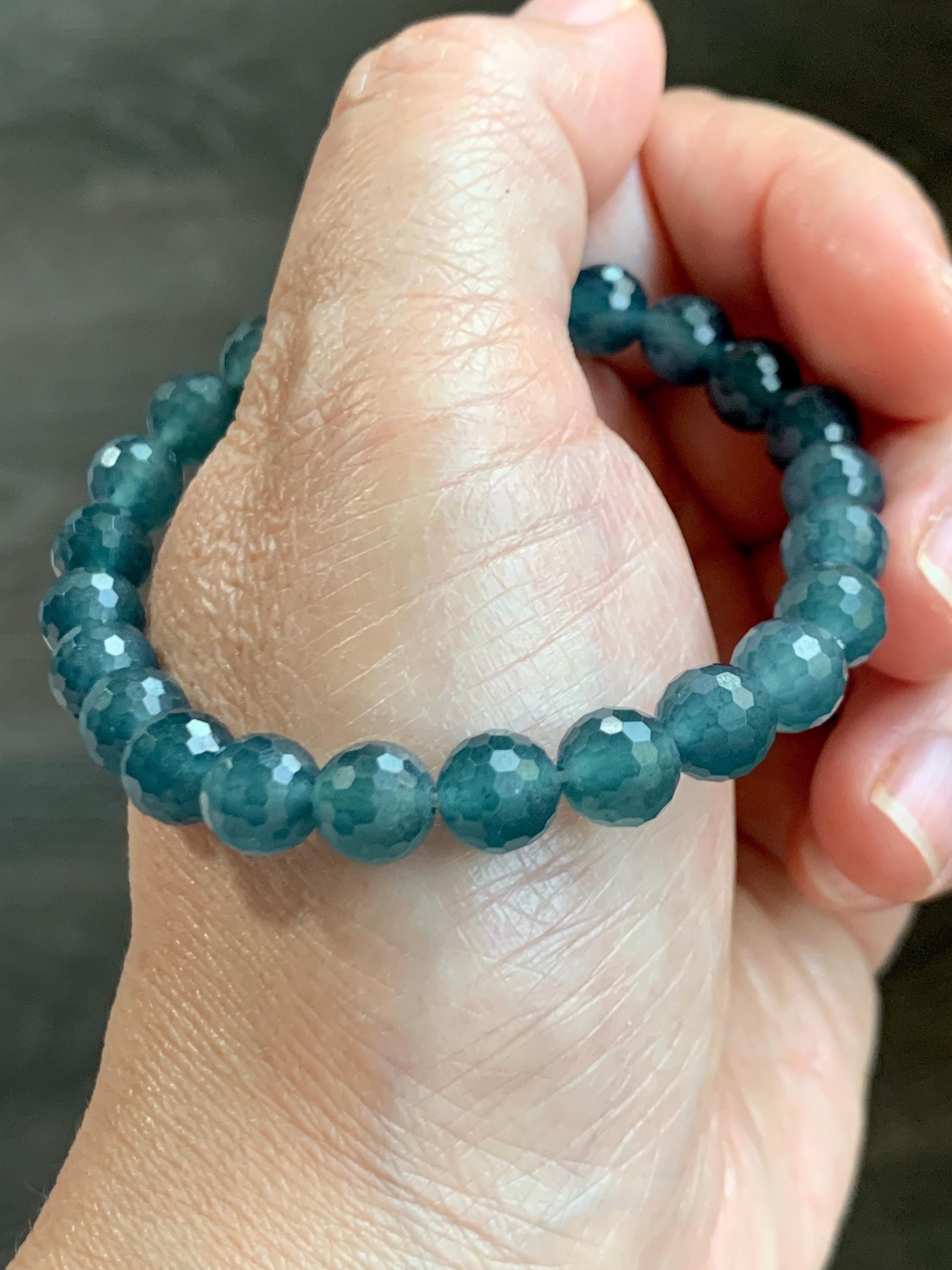 Certified Natural Grade A Guatemalan Icy Translucent Dark Teal Blue Faceted Jade Jadeite Beaded Bracelet 7.6mm 7” 17.4g 天然冰危蓝翡翠切割面圆珠手串 277