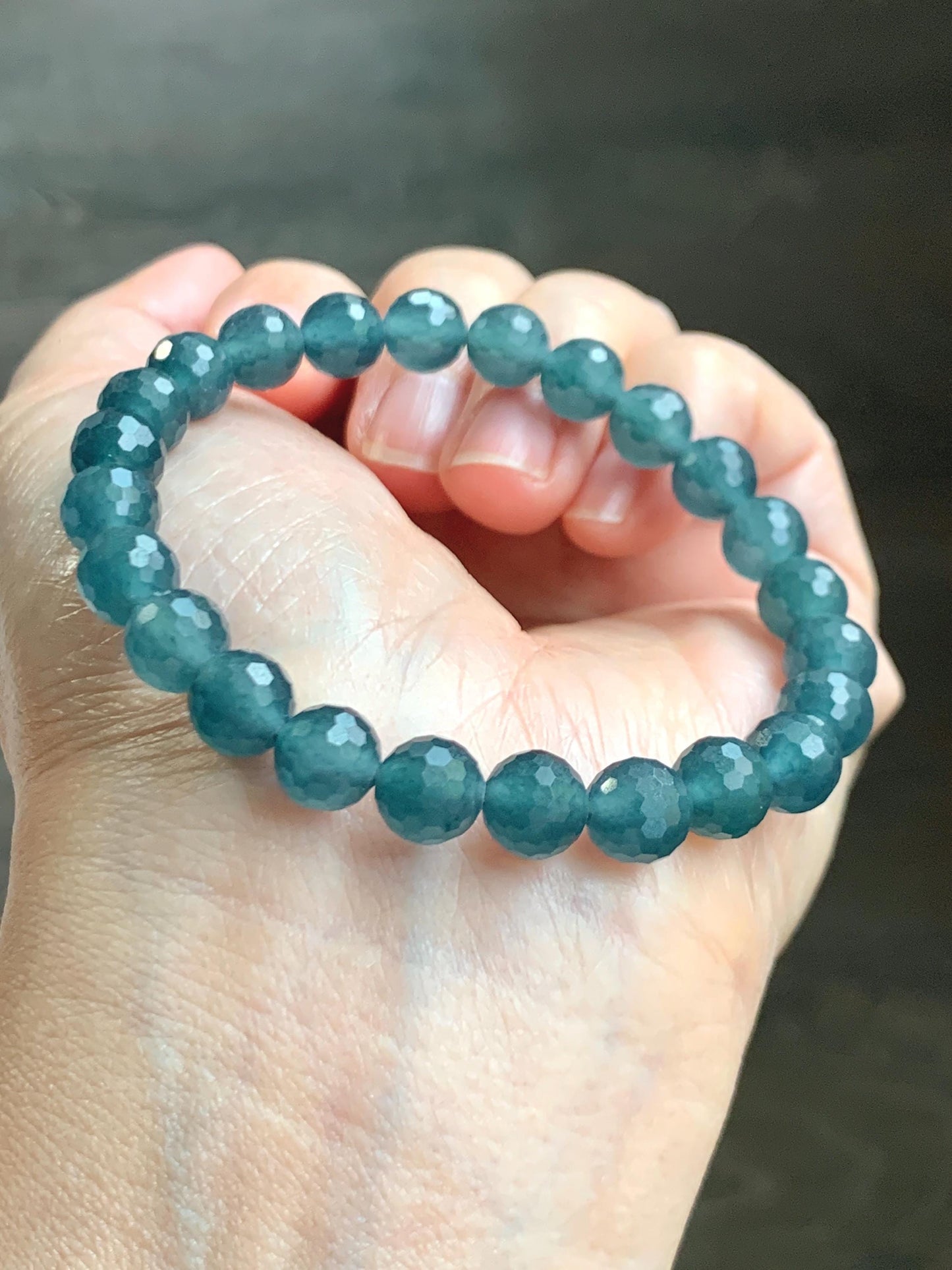 Certified Natural Grade A Guatemalan Icy Translucent Dark Teal Blue Faceted Jade Jadeite Beaded Bracelet 7.6mm 7” 17.4g 天然冰危蓝翡翠切割面圆珠手串 277